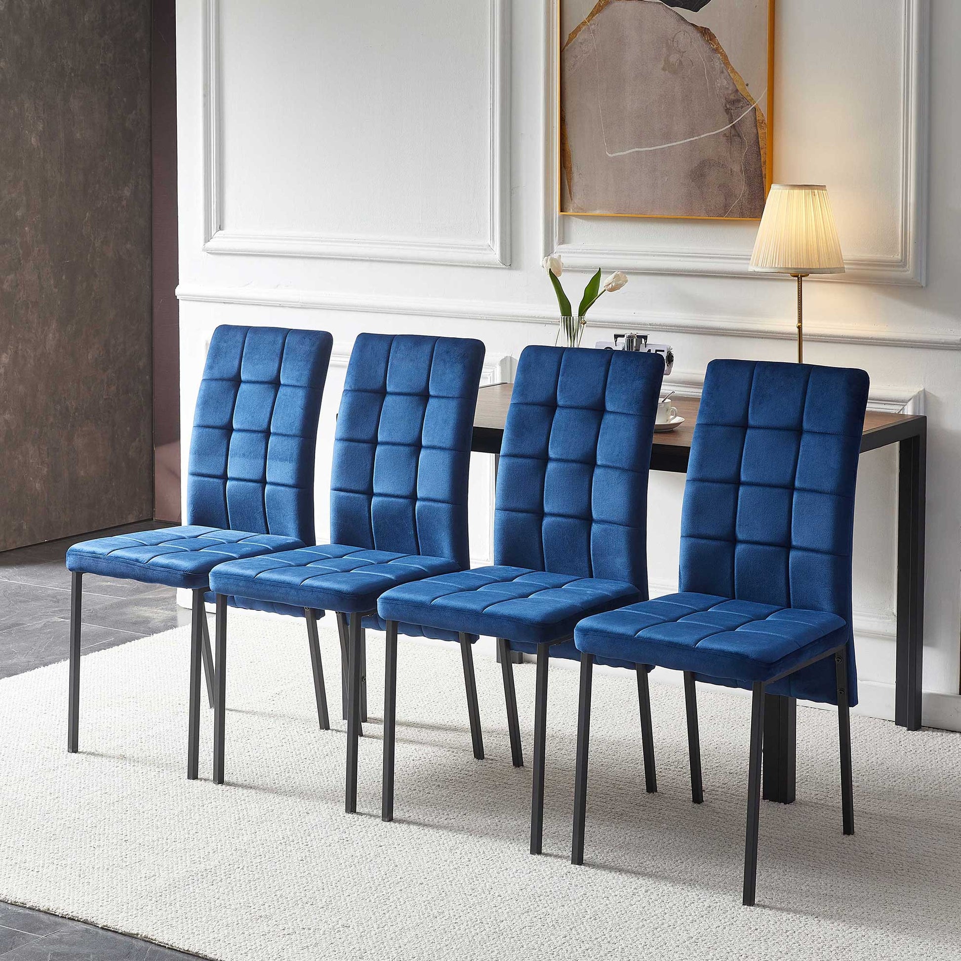 5 Piece Dining Set Including Blue Velvet High Back Nordic Dining Chair & Creative Design Mdf Dining Table Metal Blue Seats 4 Brown Metal Dining Room 4 Leg Square Dining Table With Chair Mdf