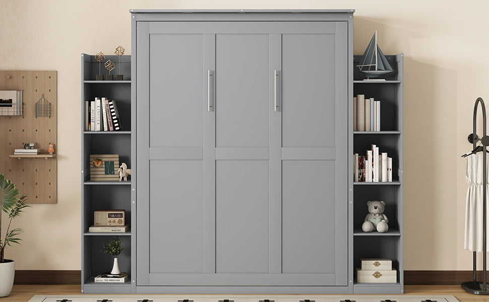 Queen Size Murphy Bed Wall Bed With Shelves And Led Lights,Gray Gray Solid Wood Mdf