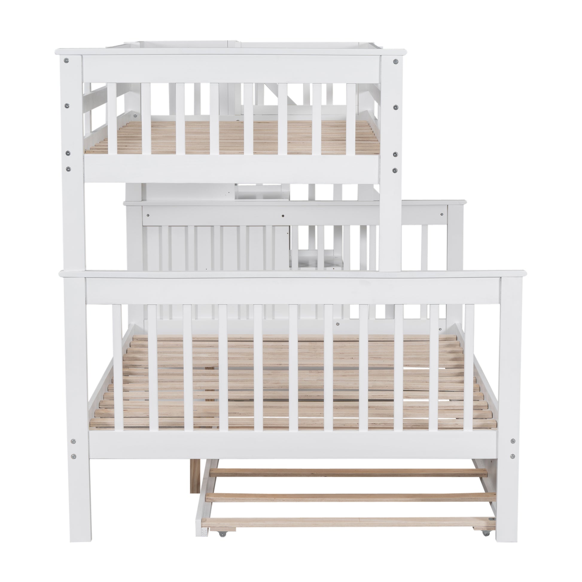 Twin Over Full Bunk Bed With Twin Size Trundle, Storage And Guard Rail For Bedroom, Dorm, For Adults, White Old Sku :Lt000119Aak Twin White Solid Wood