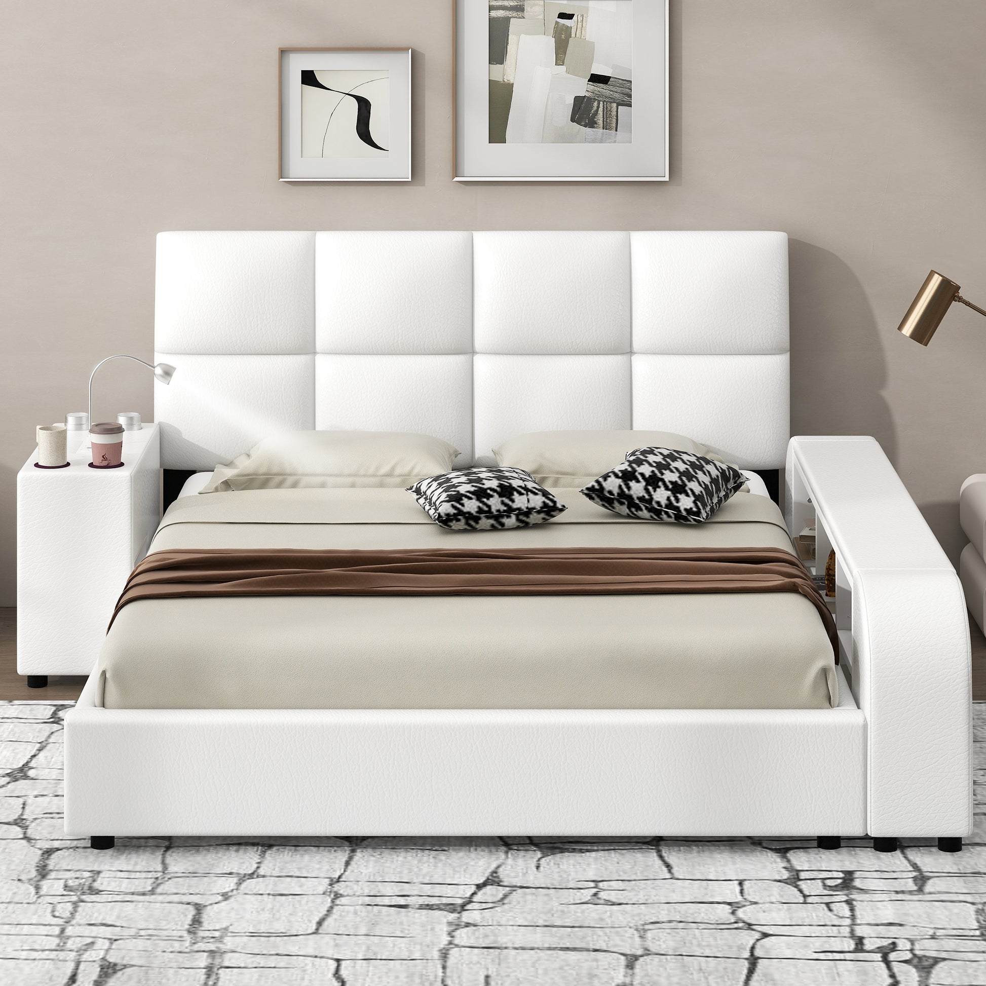 Queen Size Upholstered Platform Bed With Multimedia Nightstand And Storage Shelves, White Box Spring Not Required Queen White Wood Bedroom Bed Frame Faux Leather Upholstered