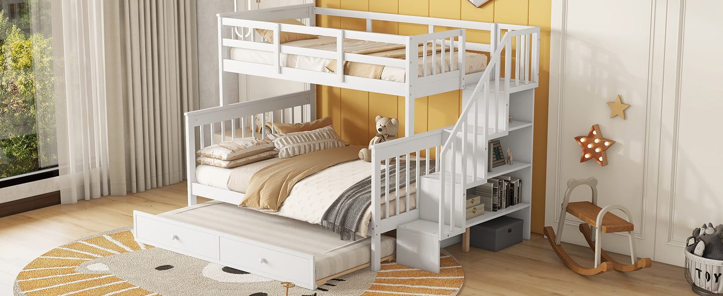 Twin Over Full Bunk Bed With Twin Size Trundle, Storage And Guard Rail For Bedroom, Dorm, For Adults, White Old Sku :Lt000119Aak Twin White Solid Wood