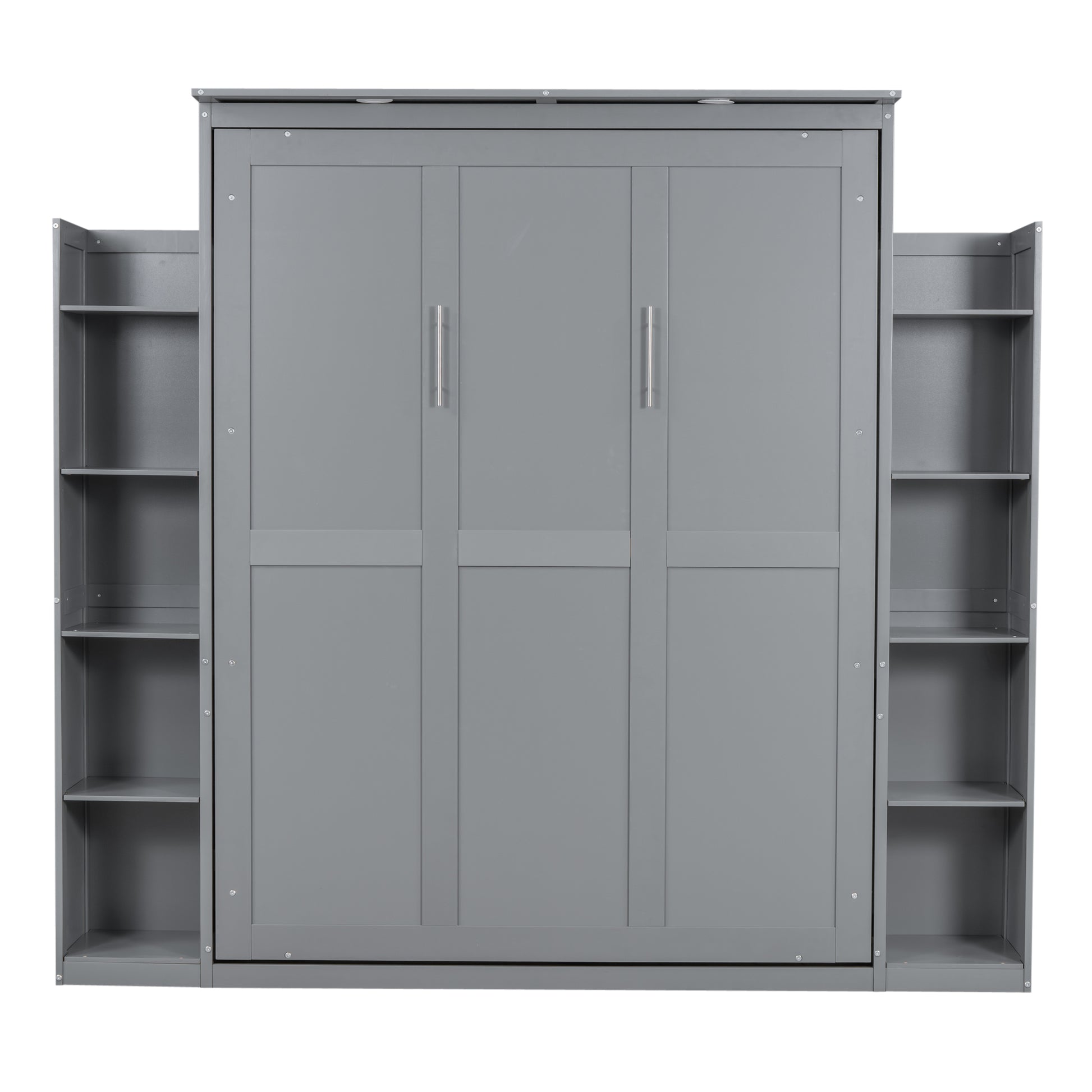 Queen Size Murphy Bed Wall Bed With Shelves And Led Lights,Gray Gray Solid Wood Mdf