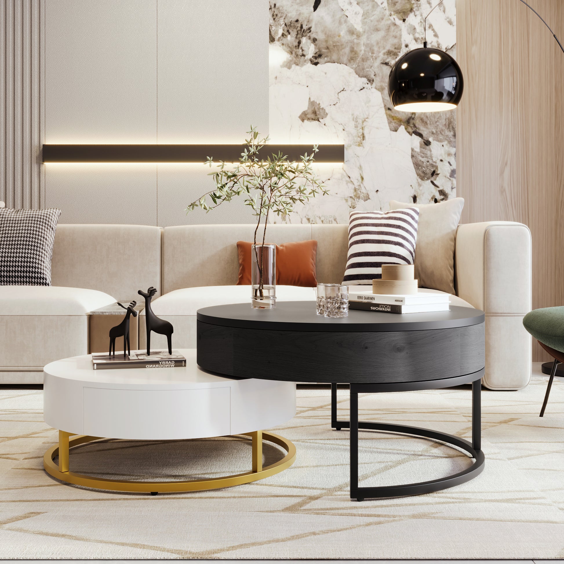 Modern Round Lift Top Nesting Coffee Tables With 2 Drawers White & Black White Black Mdf