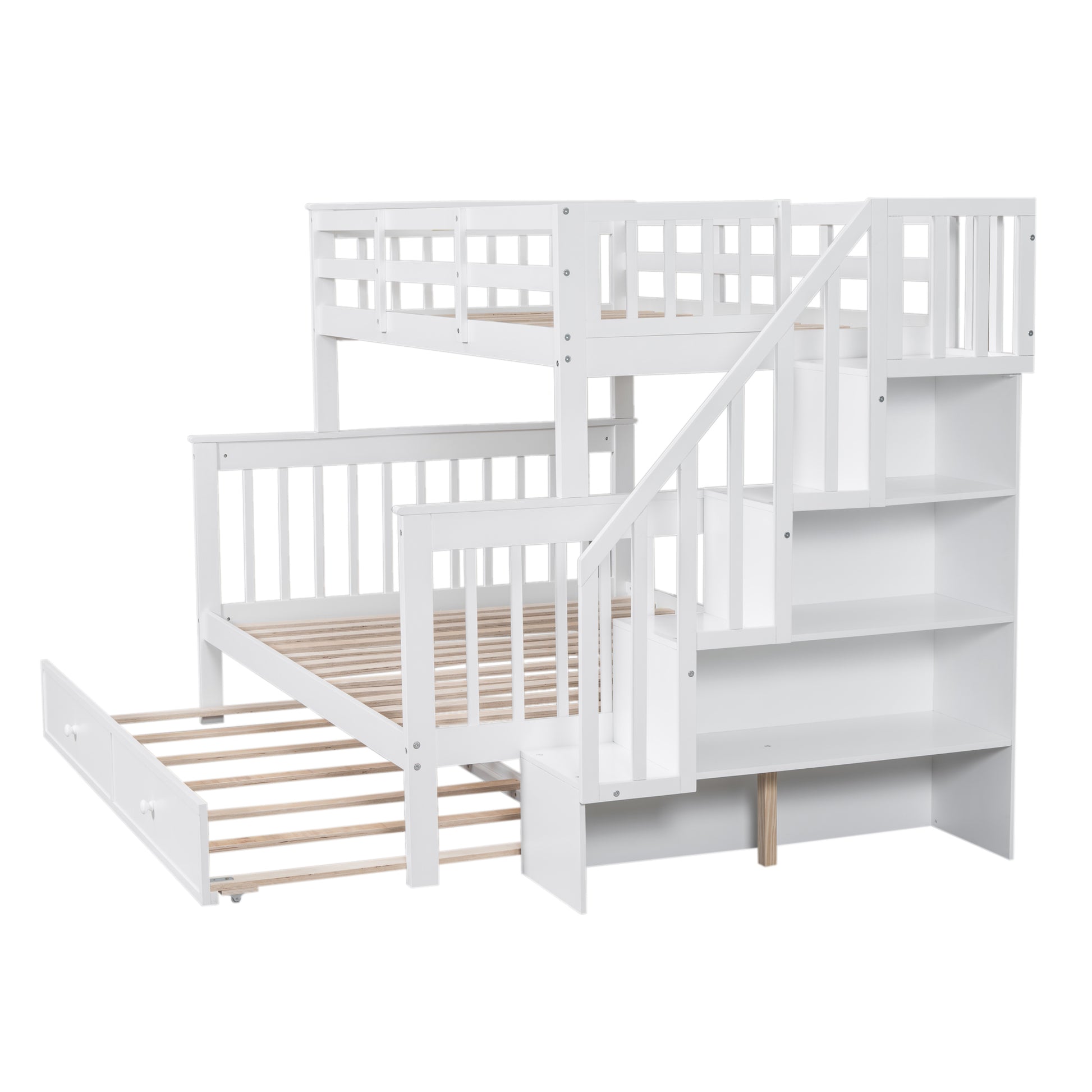 Twin Over Full Bunk Bed With Twin Size Trundle, Storage And Guard Rail For Bedroom, Dorm, For Adults, White Old Sku :Lt000119Aak Twin White Solid Wood