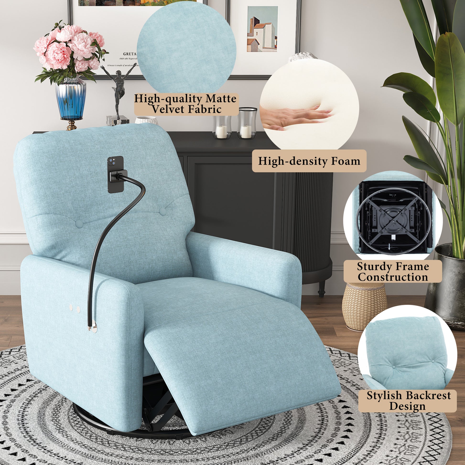 270 Degree Swivel Electric Recliner Home Theater Seating Single Reclining Sofa Rocking Motion Recliner With A Phone Holder For Living Room, Blue Blue Foam Polyester
