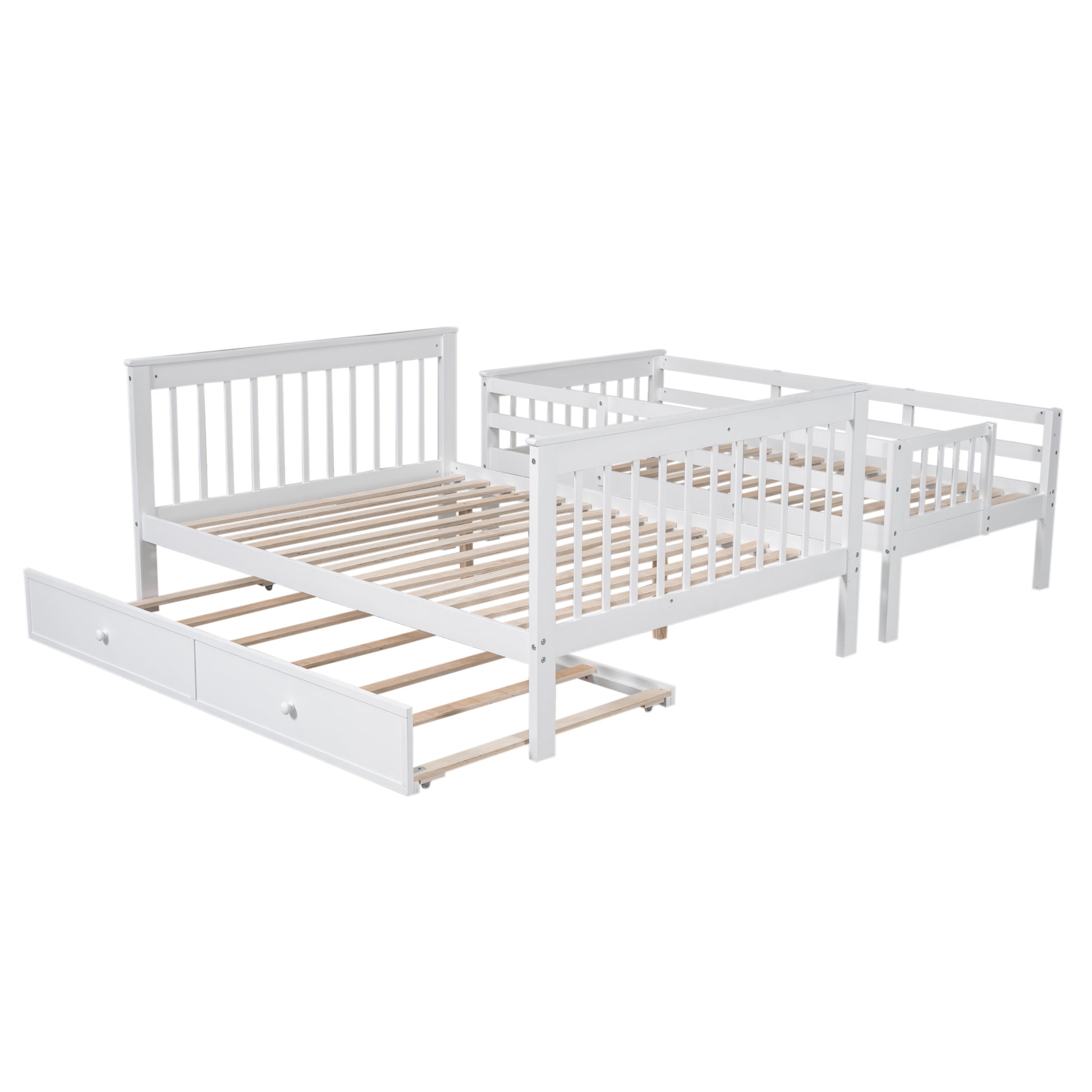 Twin Over Full Bunk Bed With Twin Size Trundle, Storage And Guard Rail For Bedroom, Dorm, For Adults, White Old Sku :Lt000119Aak Twin White Solid Wood