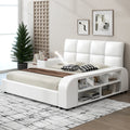 Queen Size Upholstered Platform Bed With Multimedia Nightstand And Storage Shelves, White Box Spring Not Required Queen White Wood Bedroom Bed Frame Faux Leather Upholstered