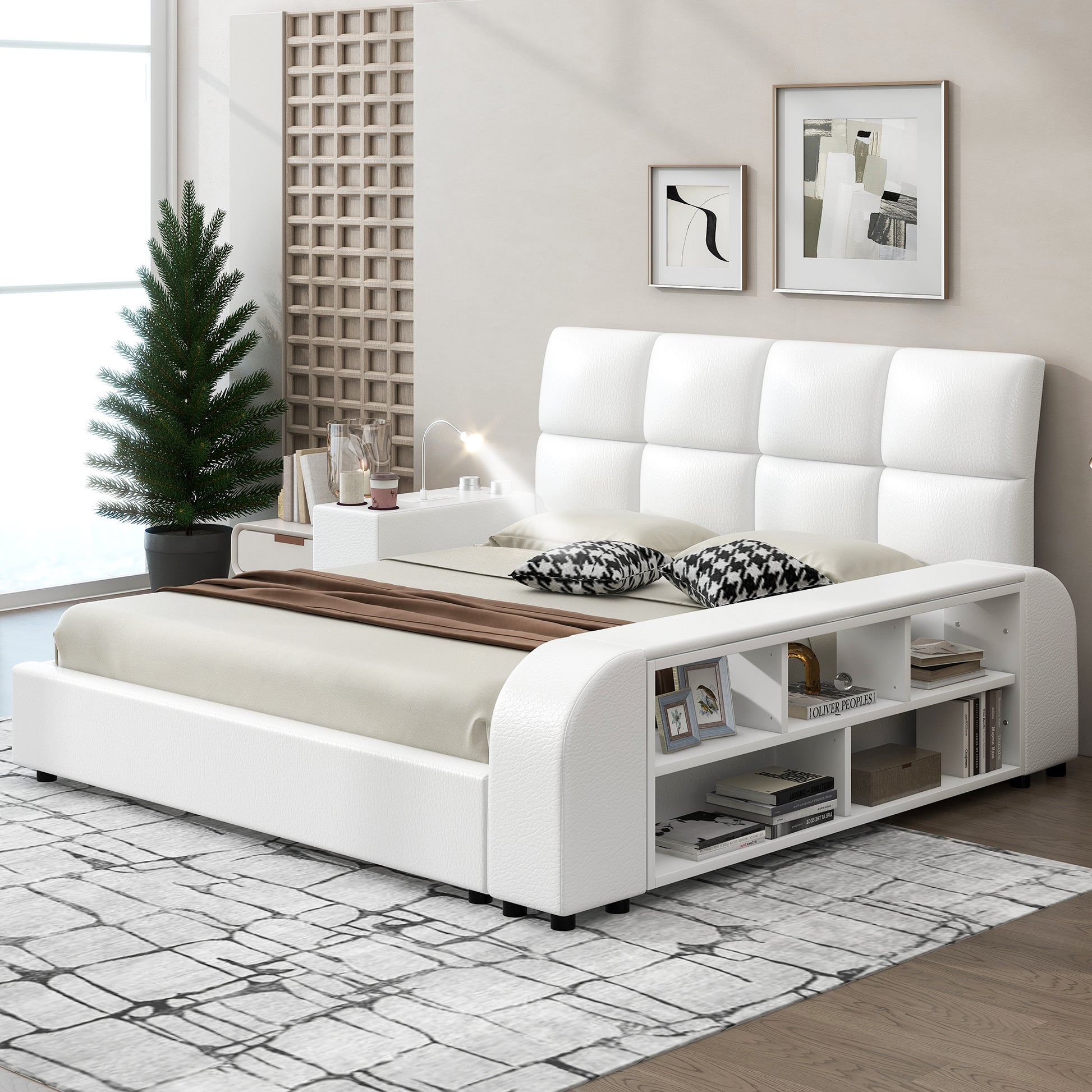 Queen Size Upholstered Platform Bed With Multimedia Nightstand And Storage Shelves, White Box Spring Not Required Queen White Wood Bedroom Bed Frame Faux Leather Upholstered