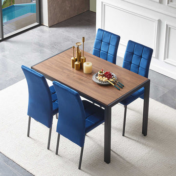 5 Piece Dining Set Including Blue Velvet High Back Nordic Dining Chair & Creative Design Mdf Dining Table Metal Blue Seats 4 Brown Metal Dining Room 4 Leg Square Dining Table With Chair Mdf