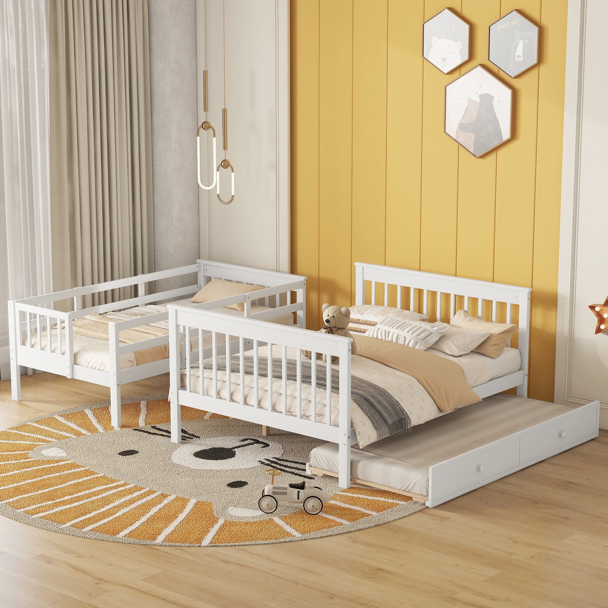 Twin Over Full Bunk Bed With Twin Size Trundle, Storage And Guard Rail For Bedroom, Dorm, For Adults, White Old Sku :Lt000119Aak Twin White Solid Wood