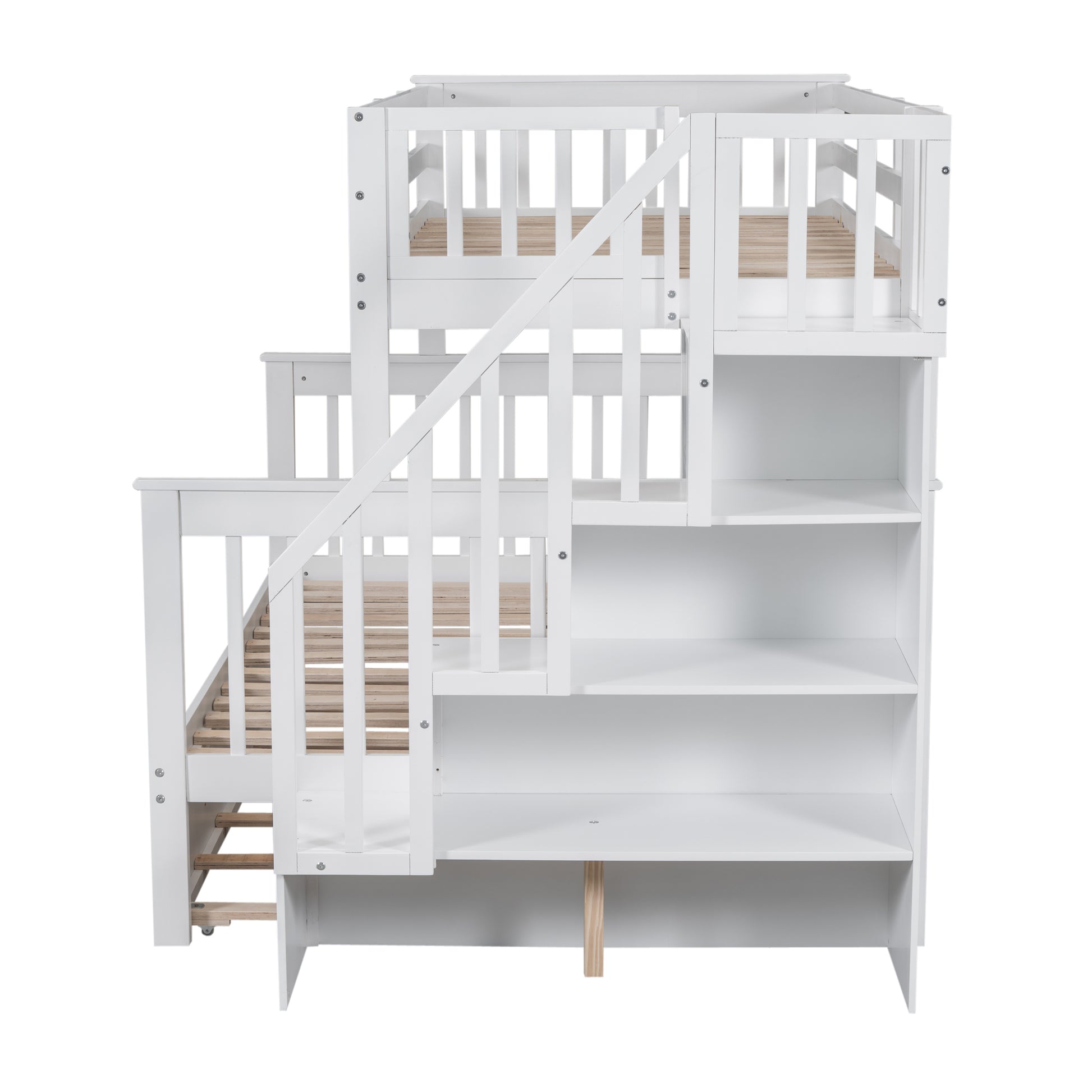 Twin Over Full Bunk Bed With Twin Size Trundle, Storage And Guard Rail For Bedroom, Dorm, For Adults, White Old Sku :Lt000119Aak Twin White Solid Wood