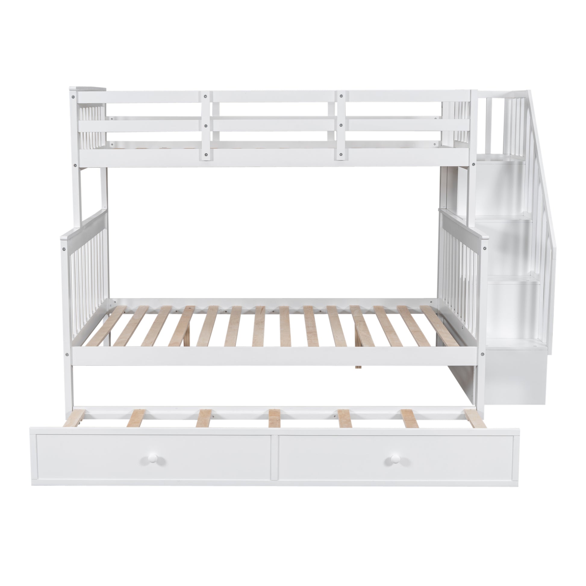 Twin Over Full Bunk Bed With Twin Size Trundle, Storage And Guard Rail For Bedroom, Dorm, For Adults, White Old Sku :Lt000119Aak Twin White Solid Wood