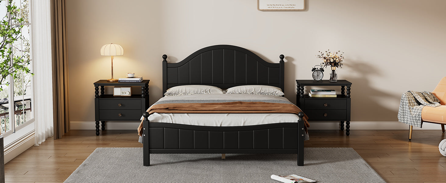 Traditional Concise Style Black Solid Wood Platform Bed, No Need Box Spring, Full Black Wood