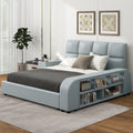 Queen Size Upholstered Platform Bed With Multimedia Nightstand And Storage Shelves, Gray Box Spring Not Required Queen Gray Wood Bedroom Bed Frame Faux Leather Upholstered