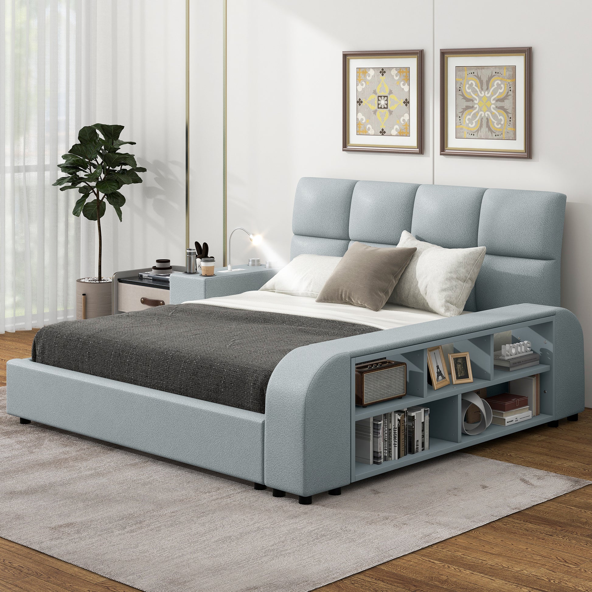 Queen Size Upholstered Platform Bed With Multimedia Nightstand And Storage Shelves, Gray Box Spring Not Required Queen Gray Wood Bedroom Bed Frame Faux Leather Upholstered