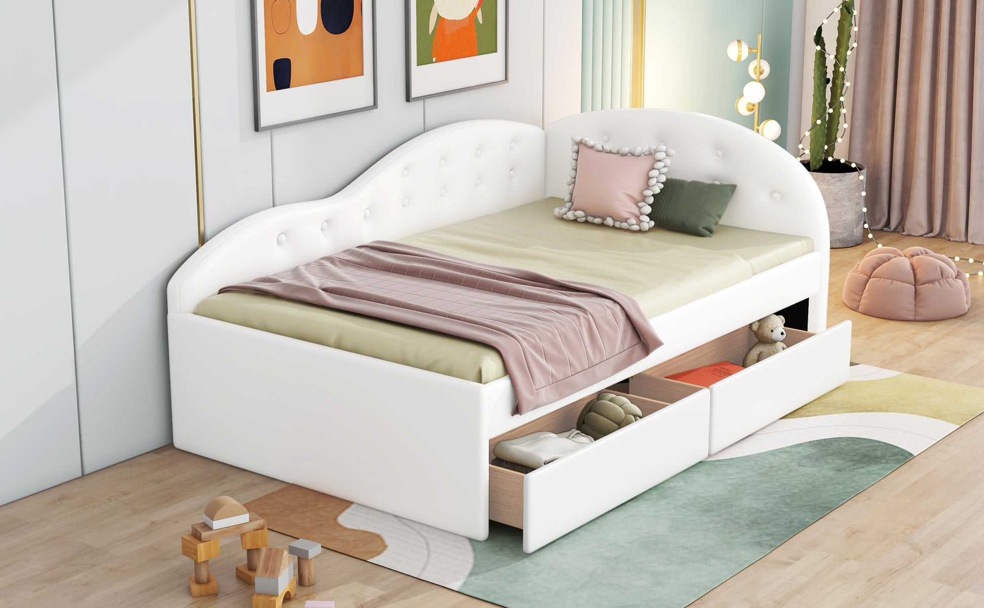Twin Size Pu Upholstered Tufted Daybed With Two Drawers And Cloud Shaped Guardrail, White Box Spring Not Required Twin White Wood Daybeds Faux Leather Upholstered