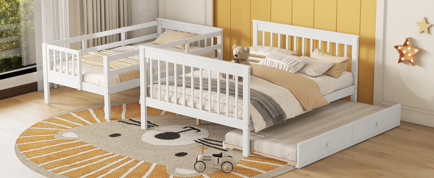 Twin Over Full Bunk Bed With Twin Size Trundle, Storage And Guard Rail For Bedroom, Dorm, For Adults, White Old Sku :Lt000119Aak Twin White Solid Wood