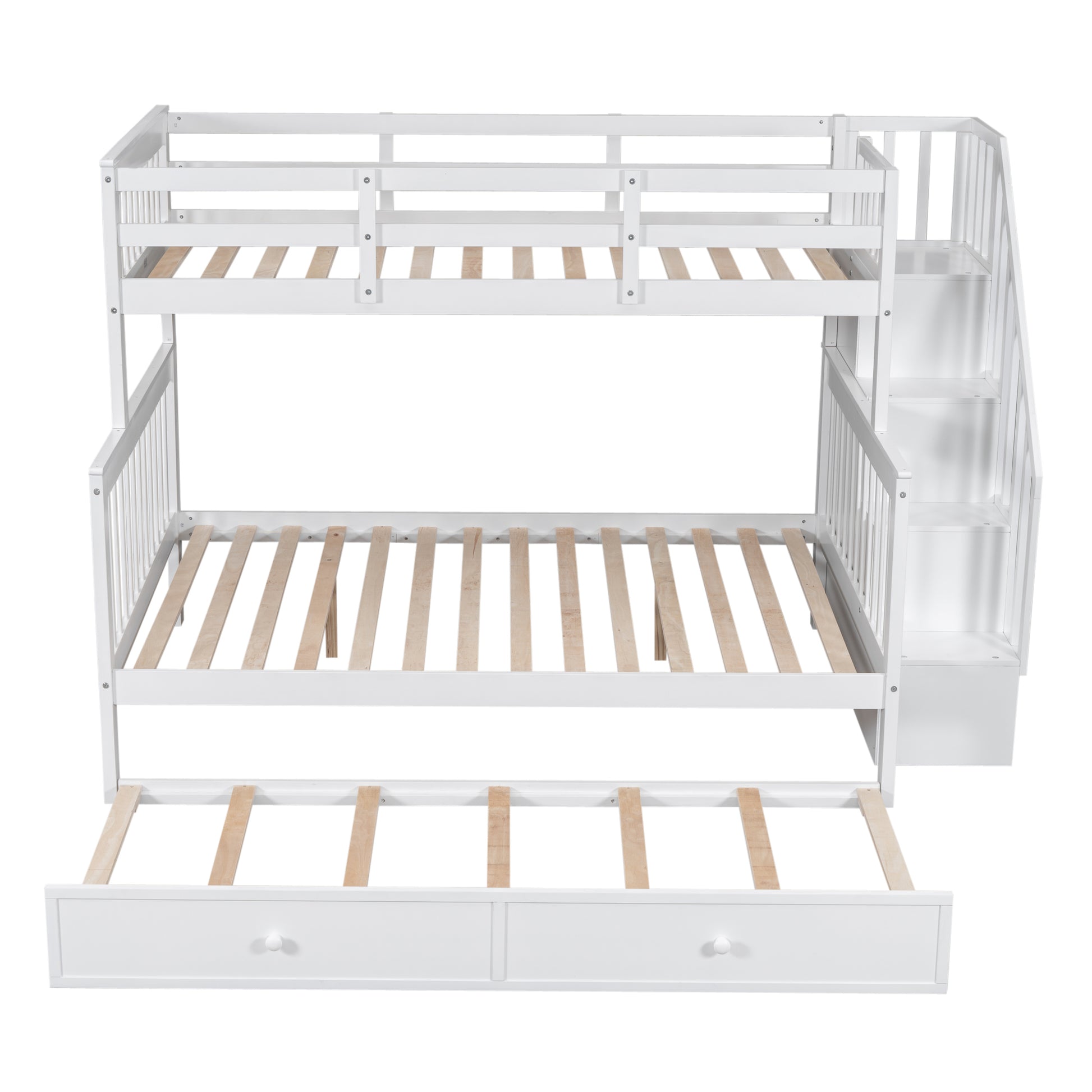 Twin Over Full Bunk Bed With Twin Size Trundle, Storage And Guard Rail For Bedroom, Dorm, For Adults, White Old Sku :Lt000119Aak Twin White Solid Wood