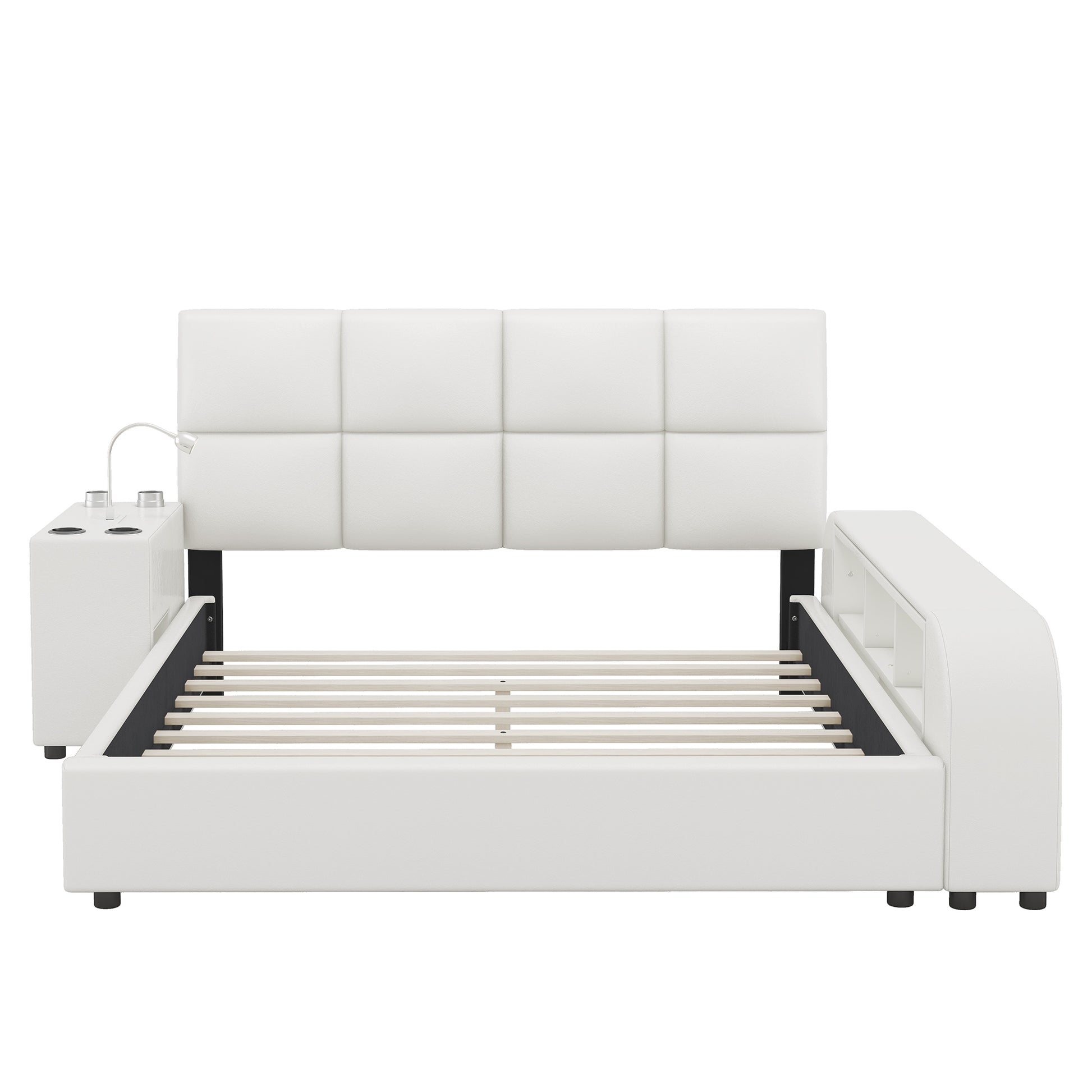 Queen Size Upholstered Platform Bed With Multimedia Nightstand And Storage Shelves, White Box Spring Not Required Queen White Wood Bedroom Bed Frame Faux Leather Upholstered