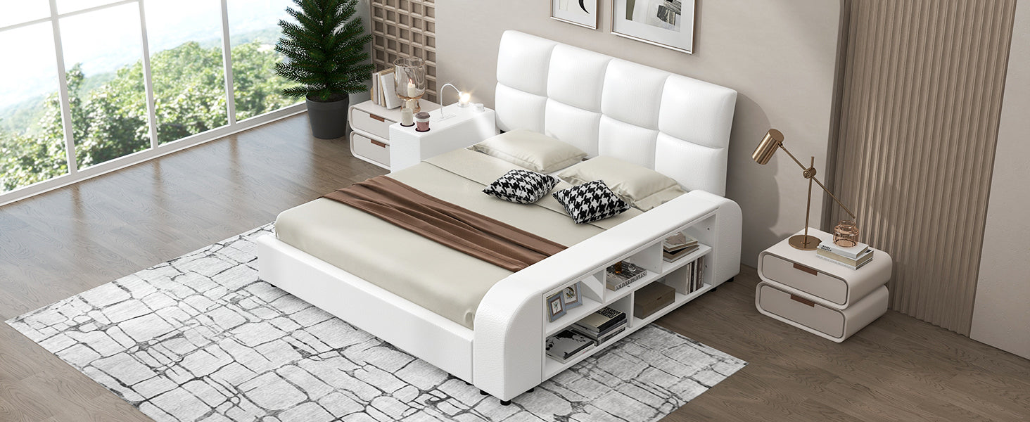 Queen Size Upholstered Platform Bed With Multimedia Nightstand And Storage Shelves, White Box Spring Not Required Queen White Wood Bedroom Bed Frame Faux Leather Upholstered