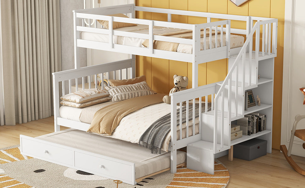 Twin Over Full Bunk Bed With Twin Size Trundle, Storage And Guard Rail For Bedroom, Dorm, For Adults, White Old Sku :Lt000119Aak Twin White Solid Wood