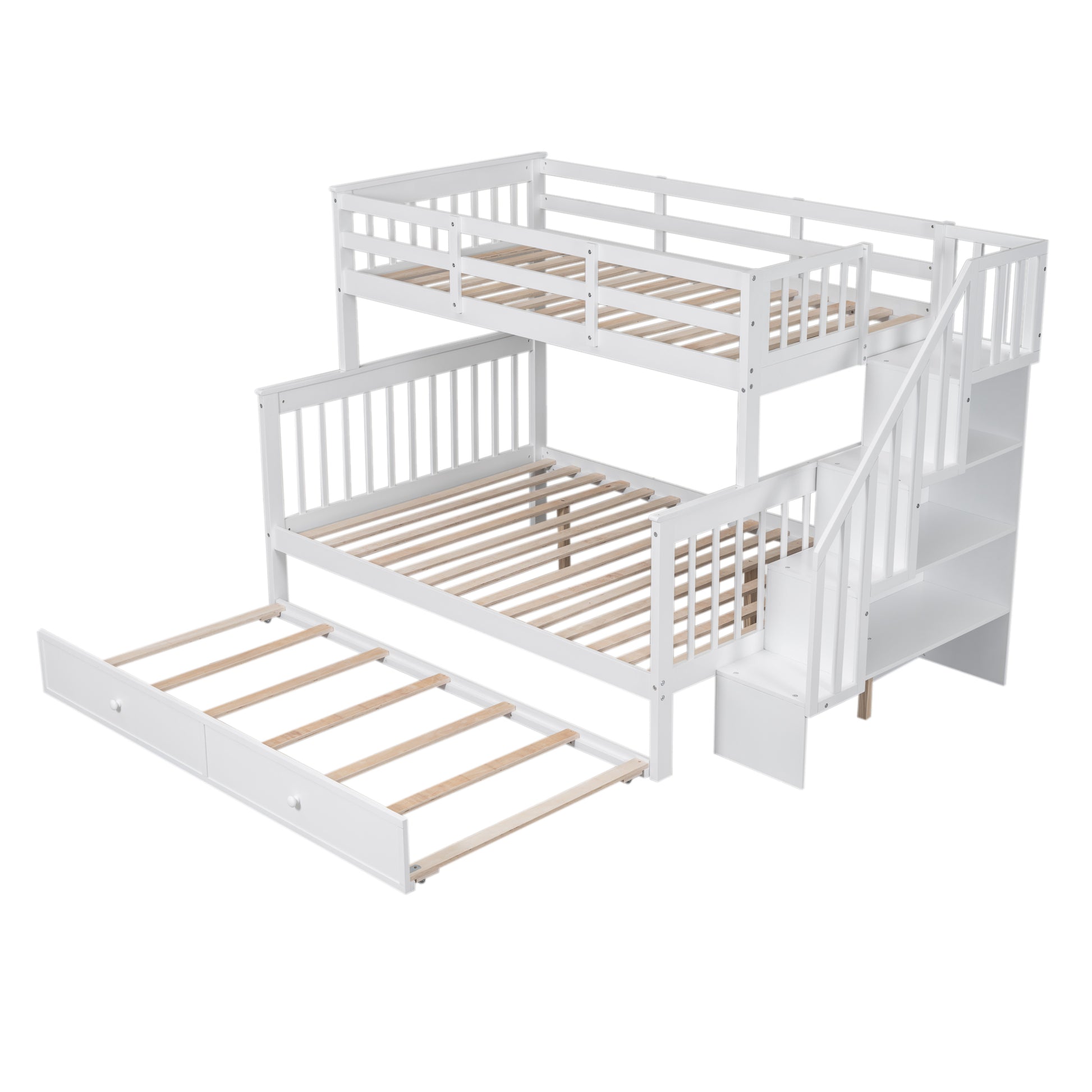 Twin Over Full Bunk Bed With Twin Size Trundle, Storage And Guard Rail For Bedroom, Dorm, For Adults, White Old Sku :Lt000119Aak Twin White Solid Wood