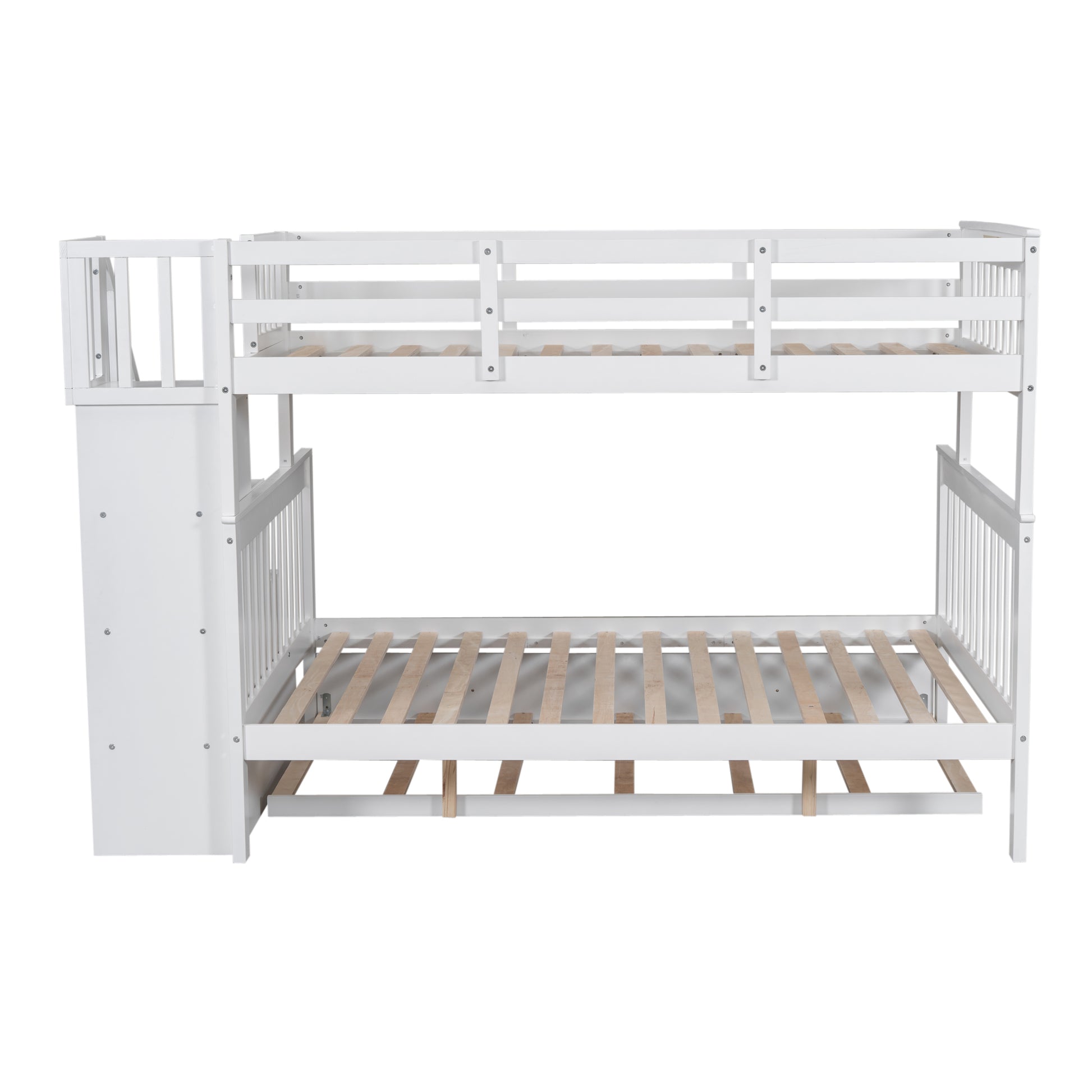 Twin Over Full Bunk Bed With Twin Size Trundle, Storage And Guard Rail For Bedroom, Dorm, For Adults, White Old Sku :Lt000119Aak Twin White Solid Wood