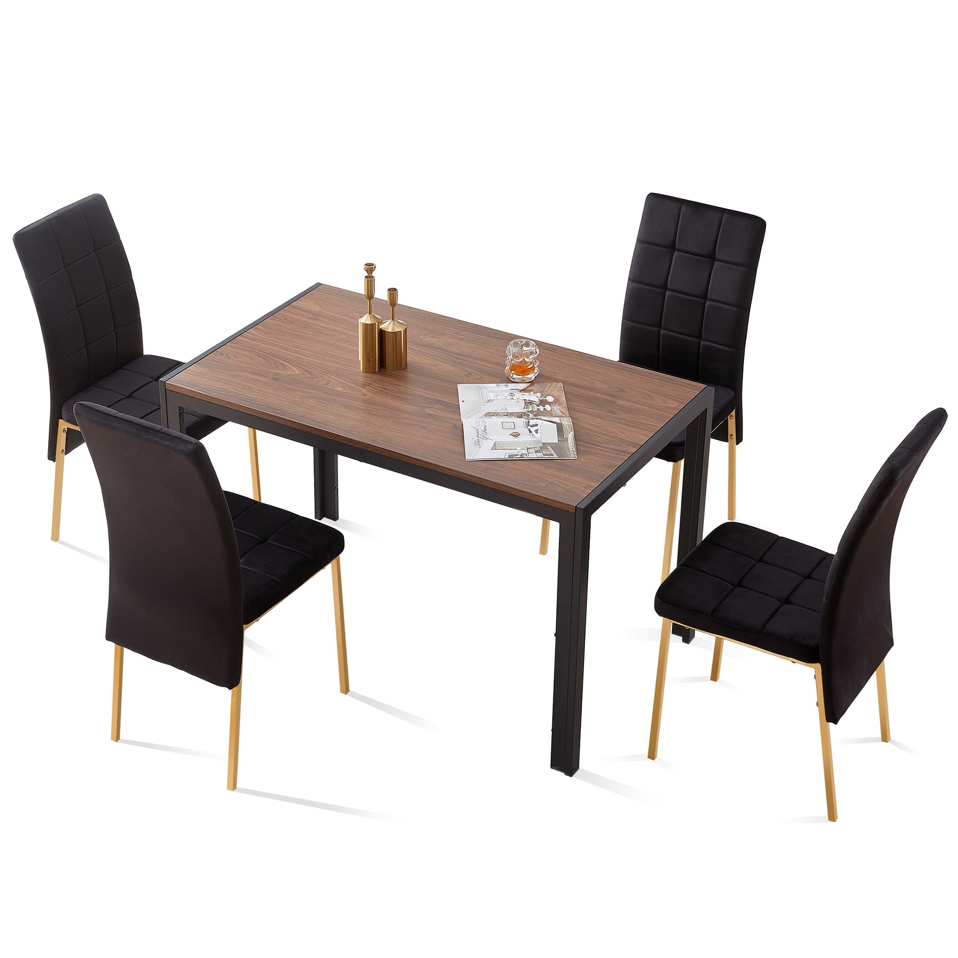 5 Pieces Dining Set Including Black Velvet High Back Golden Color Legs Nordic Dining Chair & Creative Design Mdf Dining Table Metal Black Seats 4 Brown Metal Dining Room 4 Leg Square Dining Table With Chair Mdf