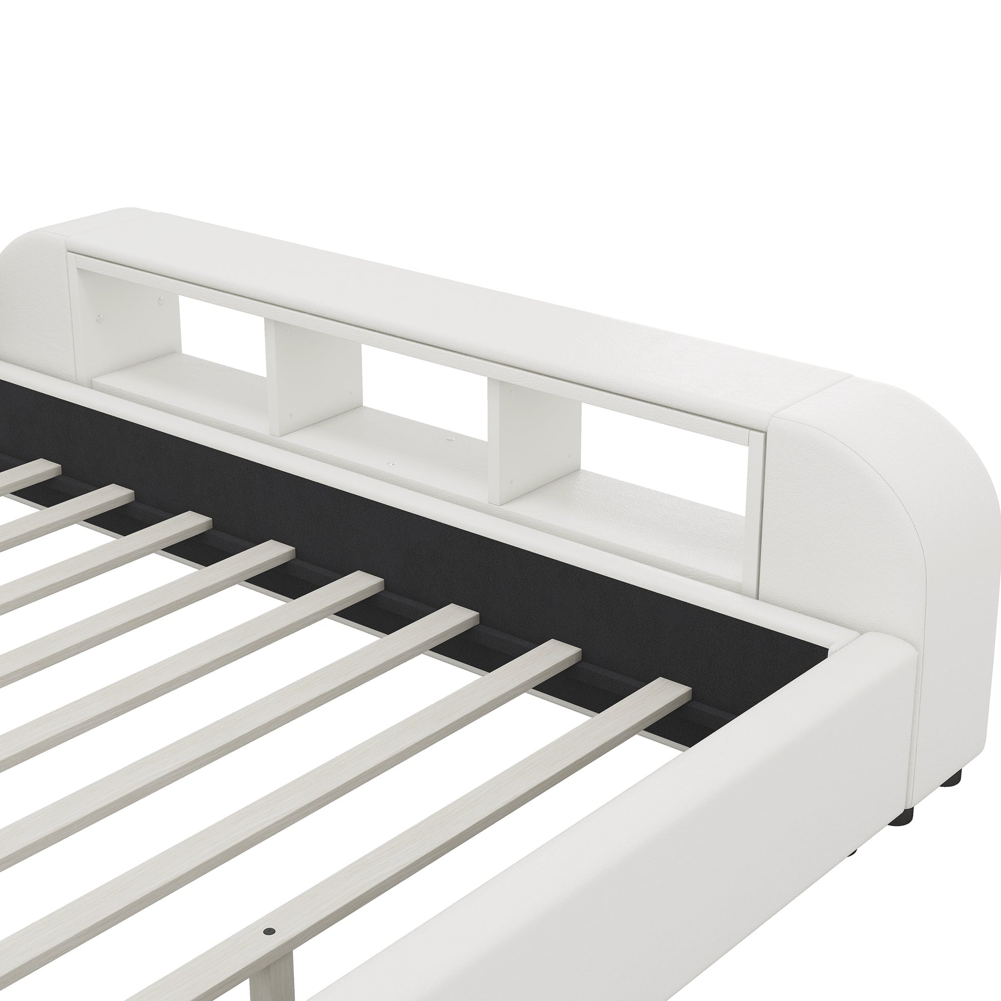 Queen Size Upholstered Platform Bed With Multimedia Nightstand And Storage Shelves, White Box Spring Not Required Queen White Wood Bedroom Bed Frame Faux Leather Upholstered