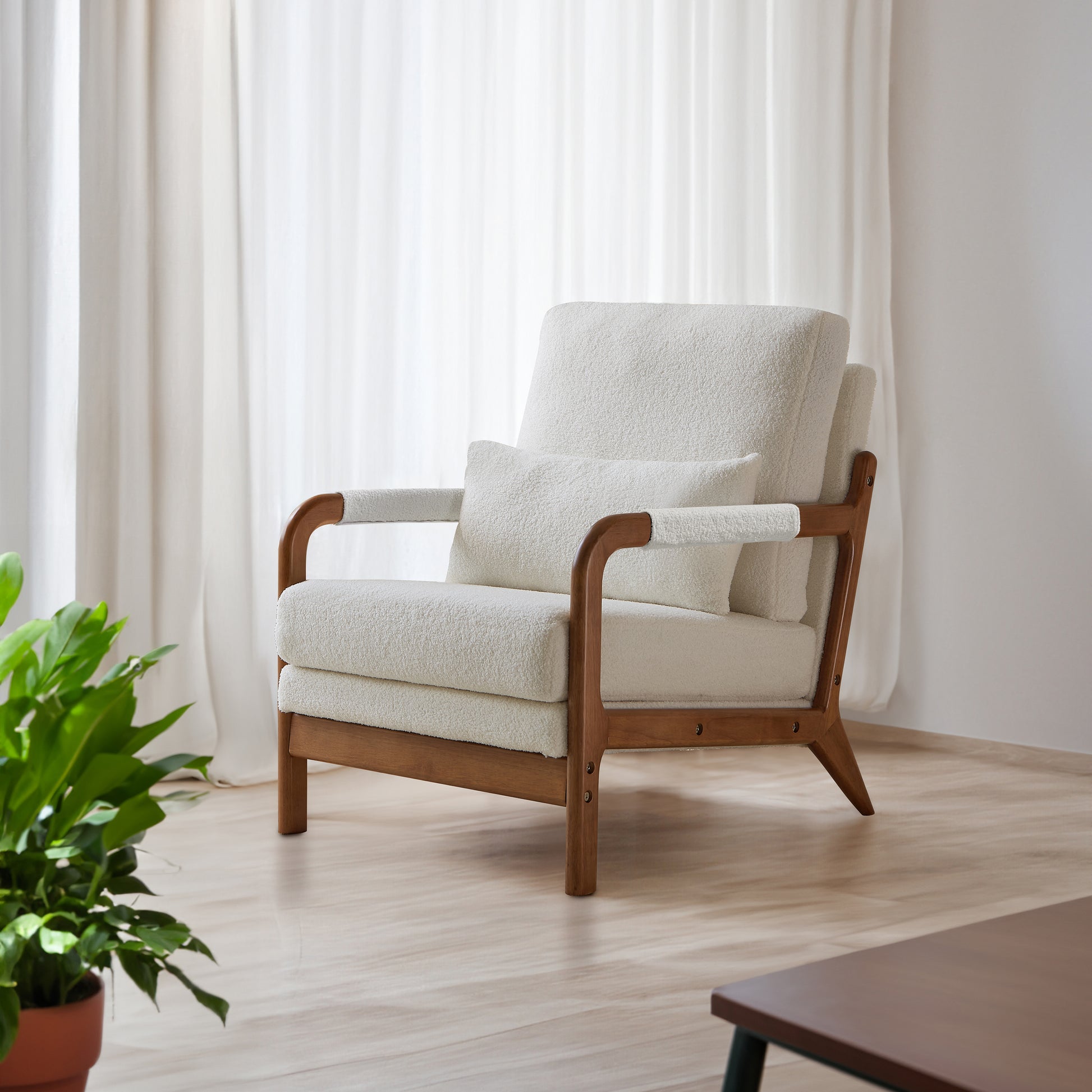 Modern Teddy Fabric Accent Chair,Oak Wood Frame Armchair For Living Room White Teddy