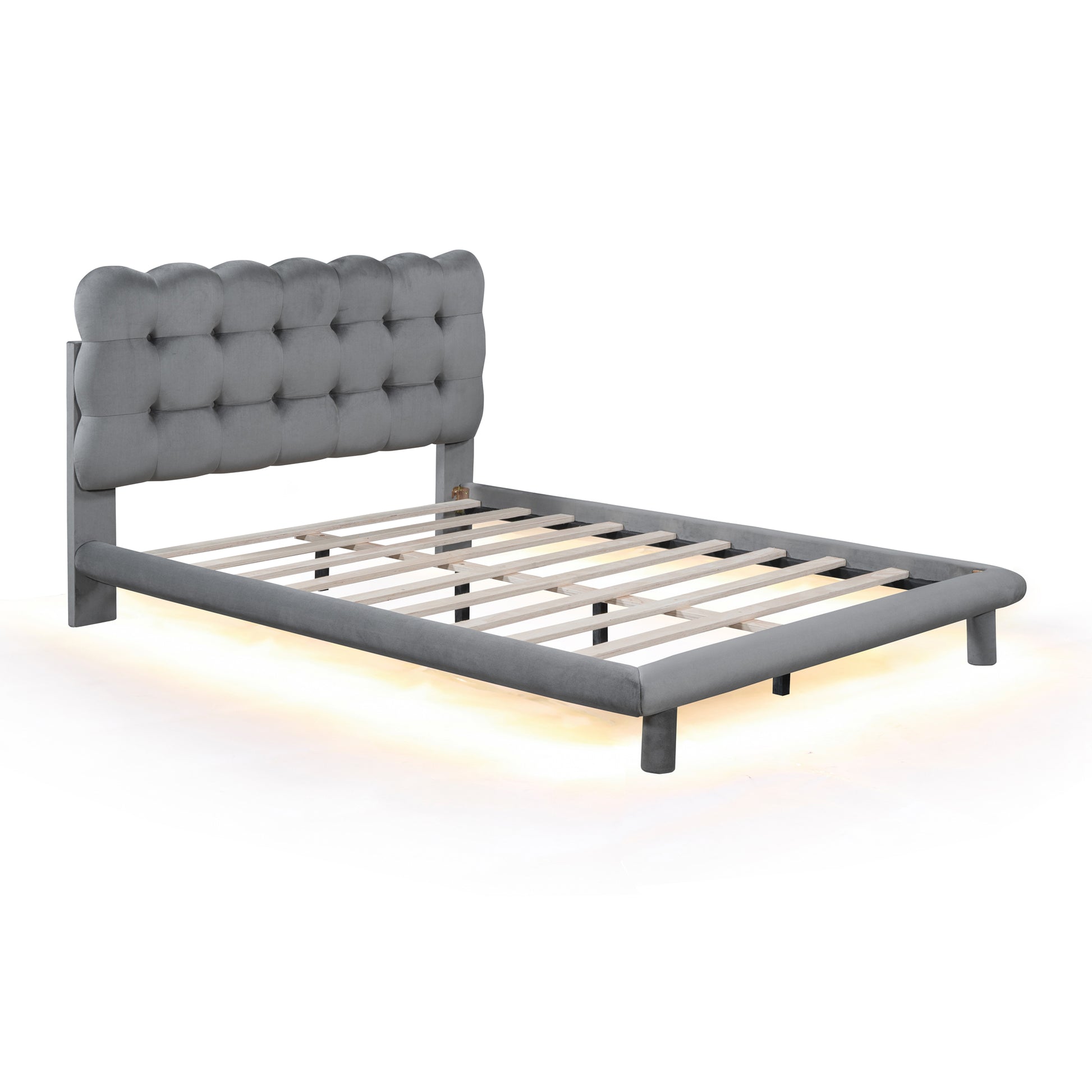 Full Size Velvet Platform Bed With Led Frame, Thick & Soft Fabric And Button Tufted Design Headboard, Gray Gray Velvet