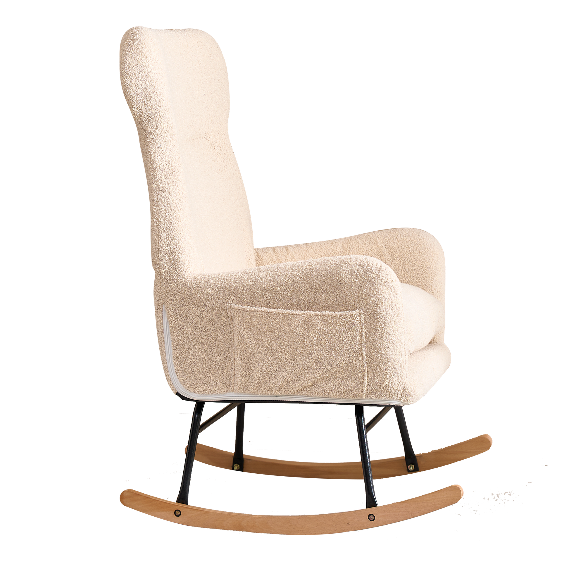 Modern Rocking Chair With High Backrest,Teddy Material Comfort Arm Rocker, Lounge Armchair For Living Room Beige Cotton Metal