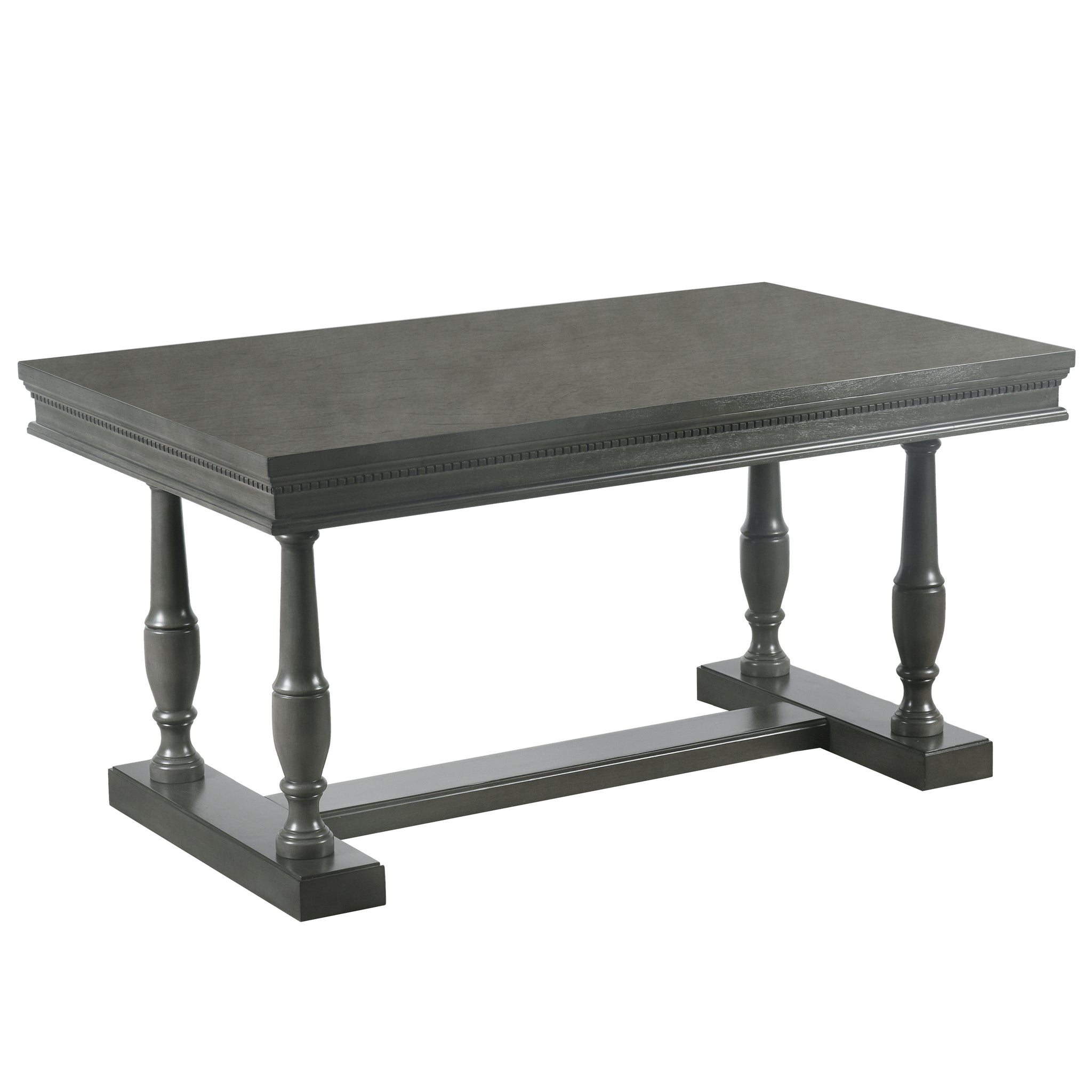 7 Piece Dining Table With 4 Trestle Base And 6 Upholstered Chairs With Slightly Curve And Ergonomic Seat Back Gray Upholstered Chair Wood Gray Seats 6 Wood Dining Room Distressed Finish American Design,Antique Trestle Rectangular Dining Table With Chair