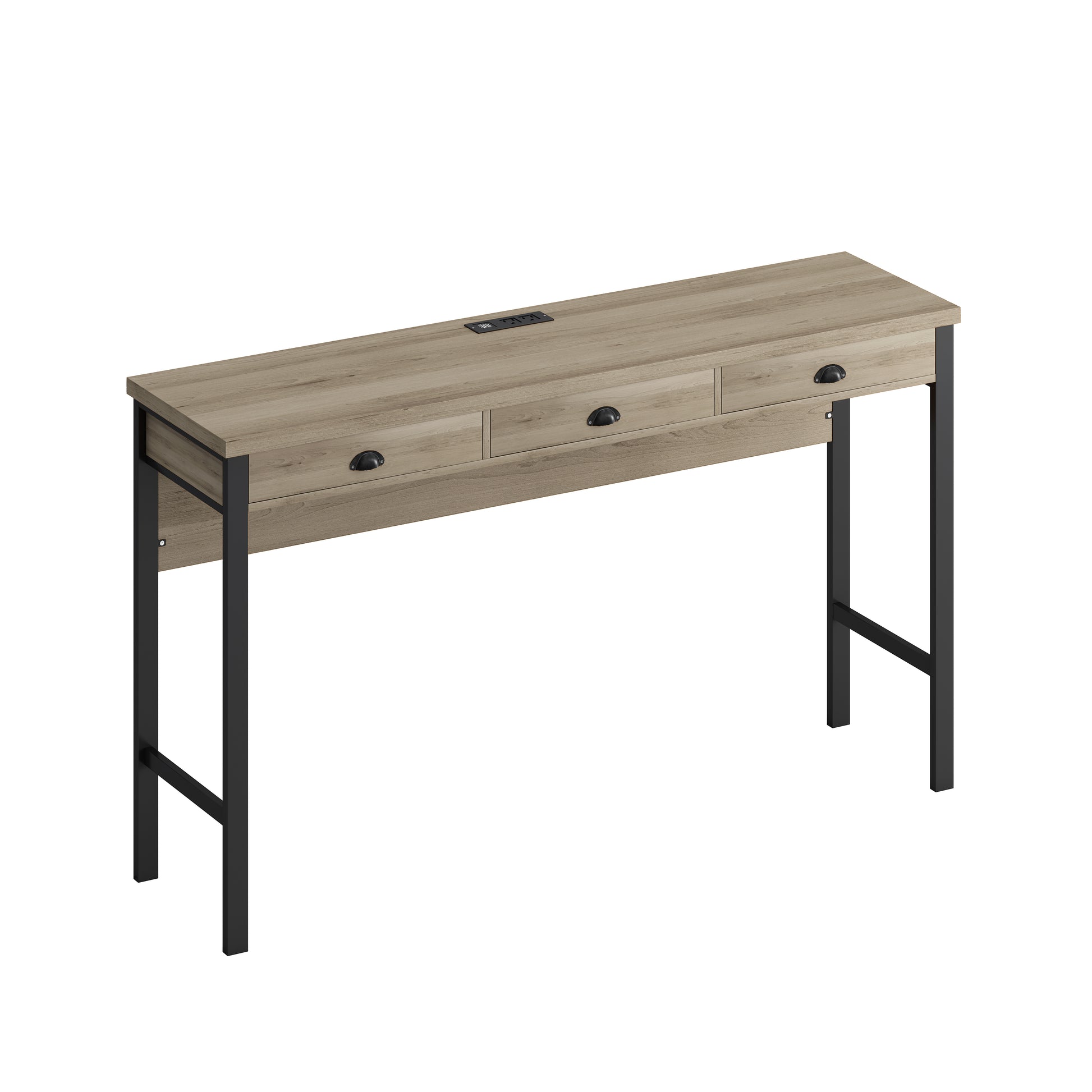 3 Drawer Long Dining Table Set With Power Outlets, Bar Kitchen Table Set With Circular Pu Stools, Easy Assemble, Brown Gray Table Black Stool Upholstered Chair Wood Black Metal Dining Table With Chair Mdf Metal