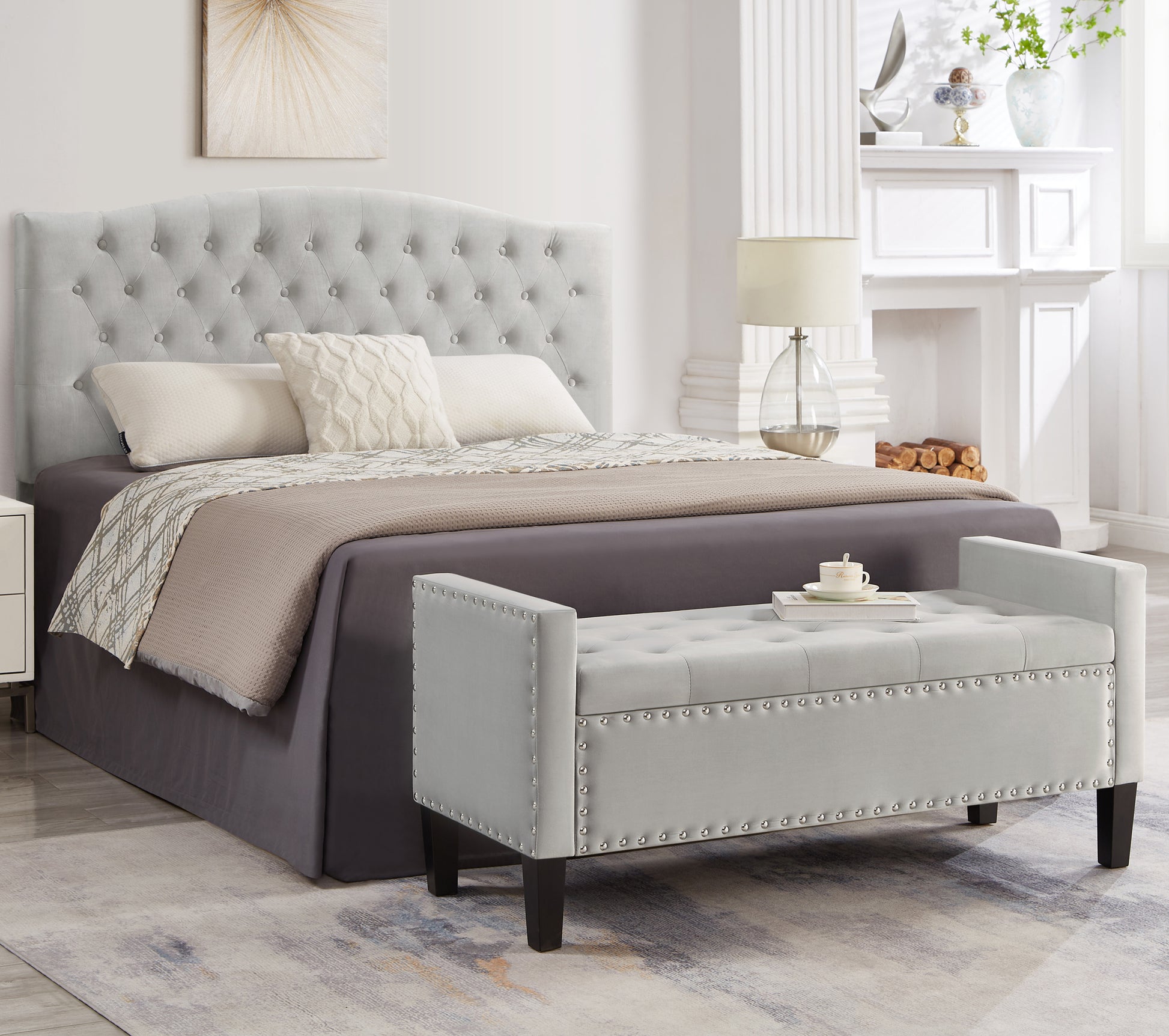 Upholstered Tufted Button Storage Bench With Nails Trim,Entryway Living Room Soft Padded Seat With Armrest,Bed Bench Gray Armrest Gray Espresso Primary Living Space Velvet Solid American Design Rubberwood Wood Internal Storage Foam Velvet