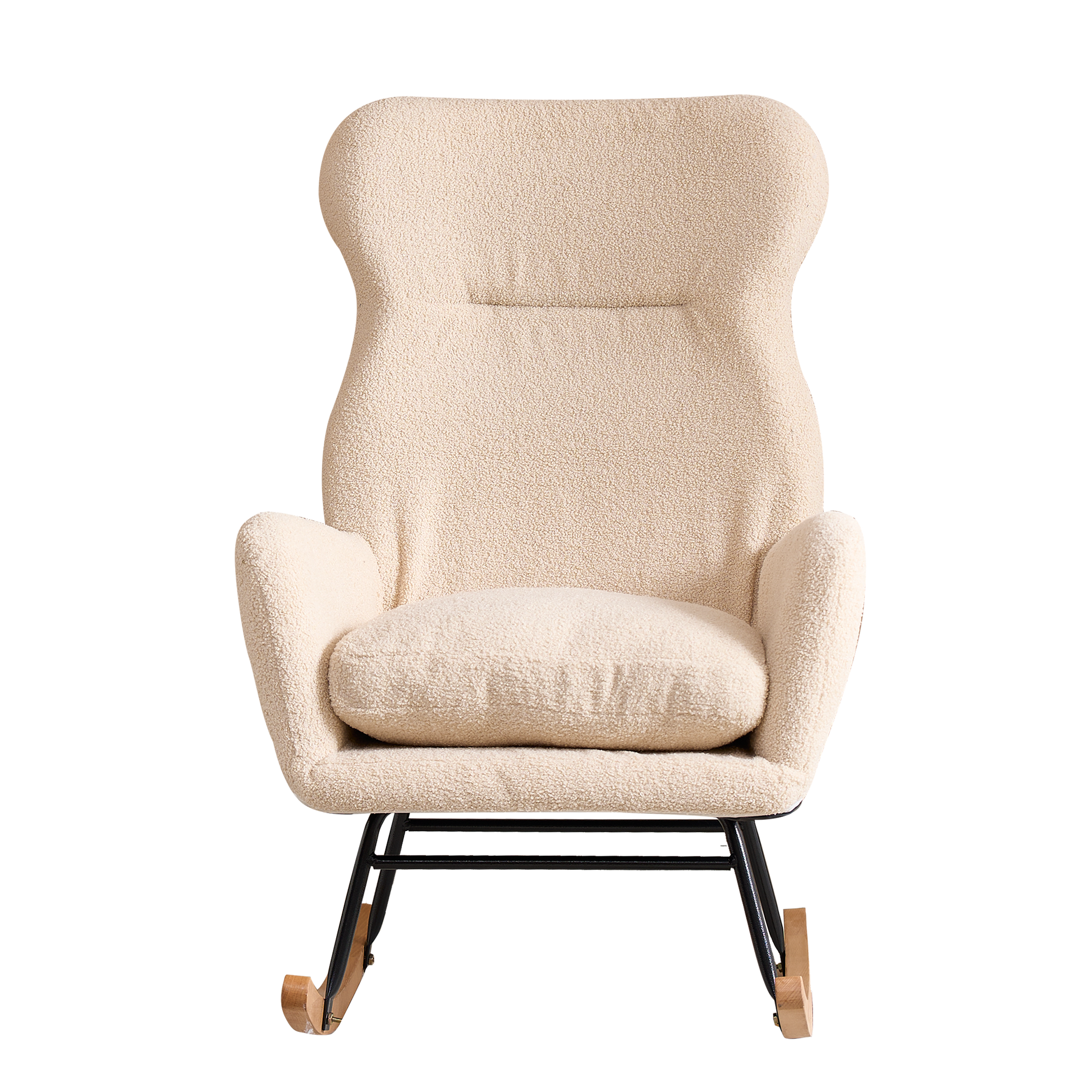 Modern Rocking Chair With High Backrest,Teddy Material Comfort Arm Rocker, Lounge Armchair For Living Room Beige Cotton Metal
