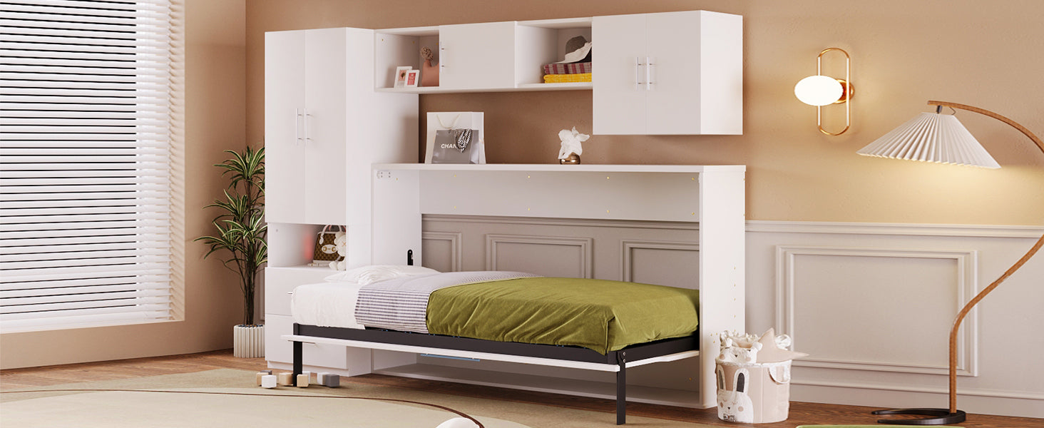 Twin Size Murphy Bed With Open Shelves And Storage Drawers,Built In Wardrobe And Table, White Twin White Solid Wood Mdf