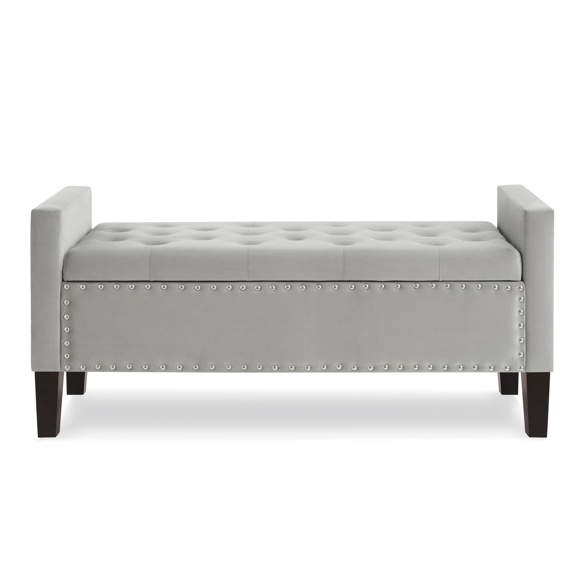 Upholstered Tufted Button Storage Bench With Nails Trim,Entryway Living Room Soft Padded Seat With Armrest,Bed Bench Gray Armrest Gray Espresso Primary Living Space Velvet Solid American Design Rubberwood Wood Internal Storage Foam Velvet