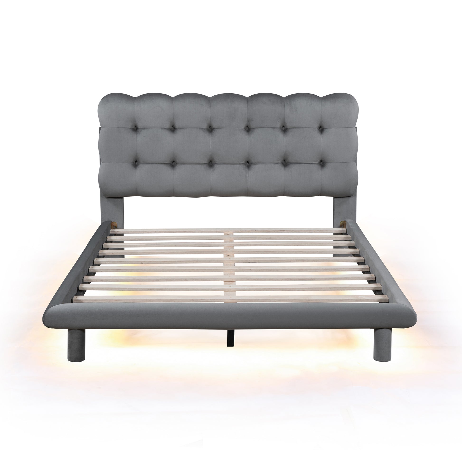 Full Size Velvet Platform Bed With Led Frame, Thick & Soft Fabric And Button Tufted Design Headboard, Gray Gray Velvet