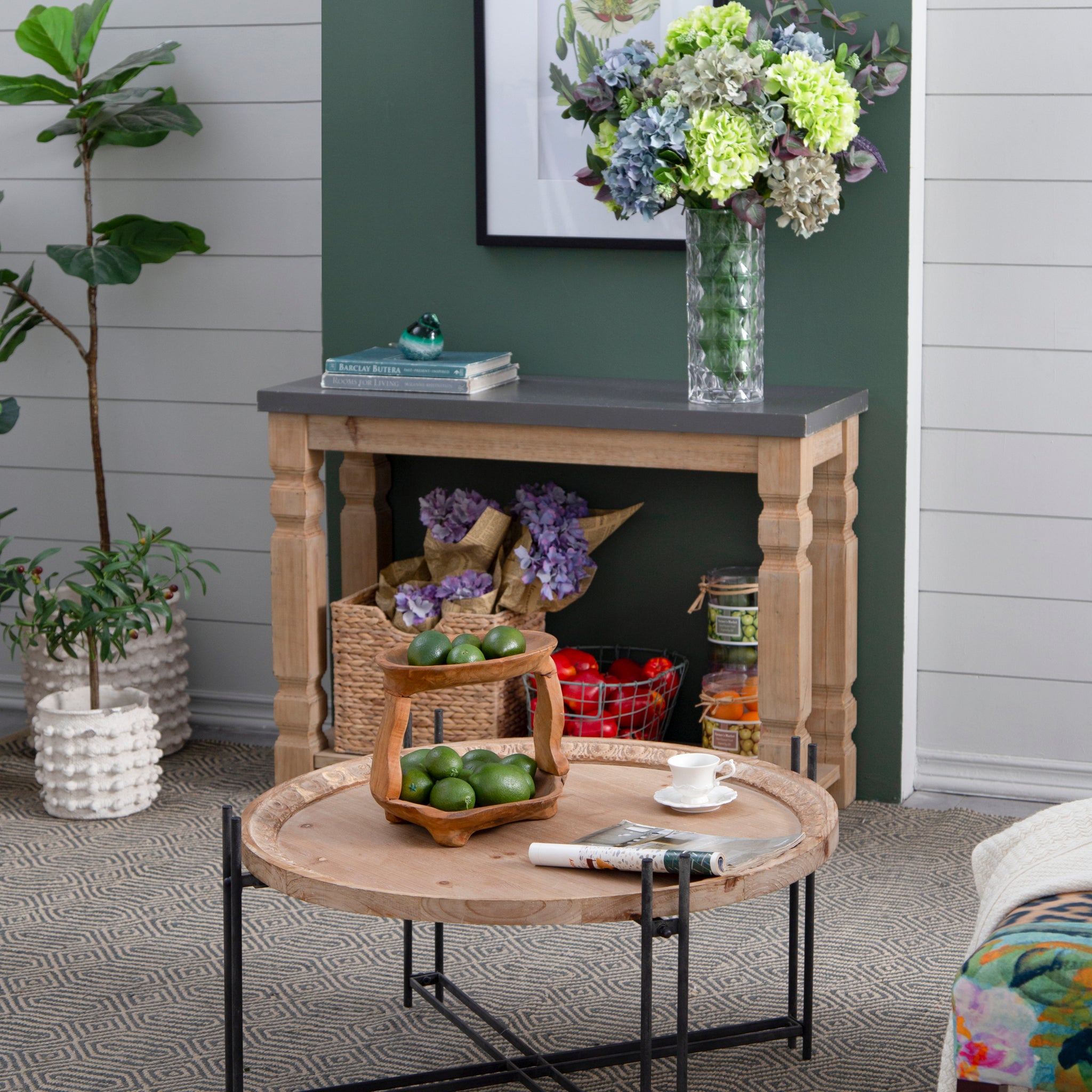 D32" X 18" Farmhouse Round Wooden Round Coffee Table With Metal Legs Black Brown Wood Metal