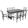 7 Piece Dining Table With 4 Trestle Base And 6 Upholstered Chairs With Slightly Curve And Ergonomic Seat Back Gray Upholstered Chair Wood Gray Seats 6 Wood Dining Room Distressed Finish American Design,Antique Trestle Rectangular Dining Table With Chair