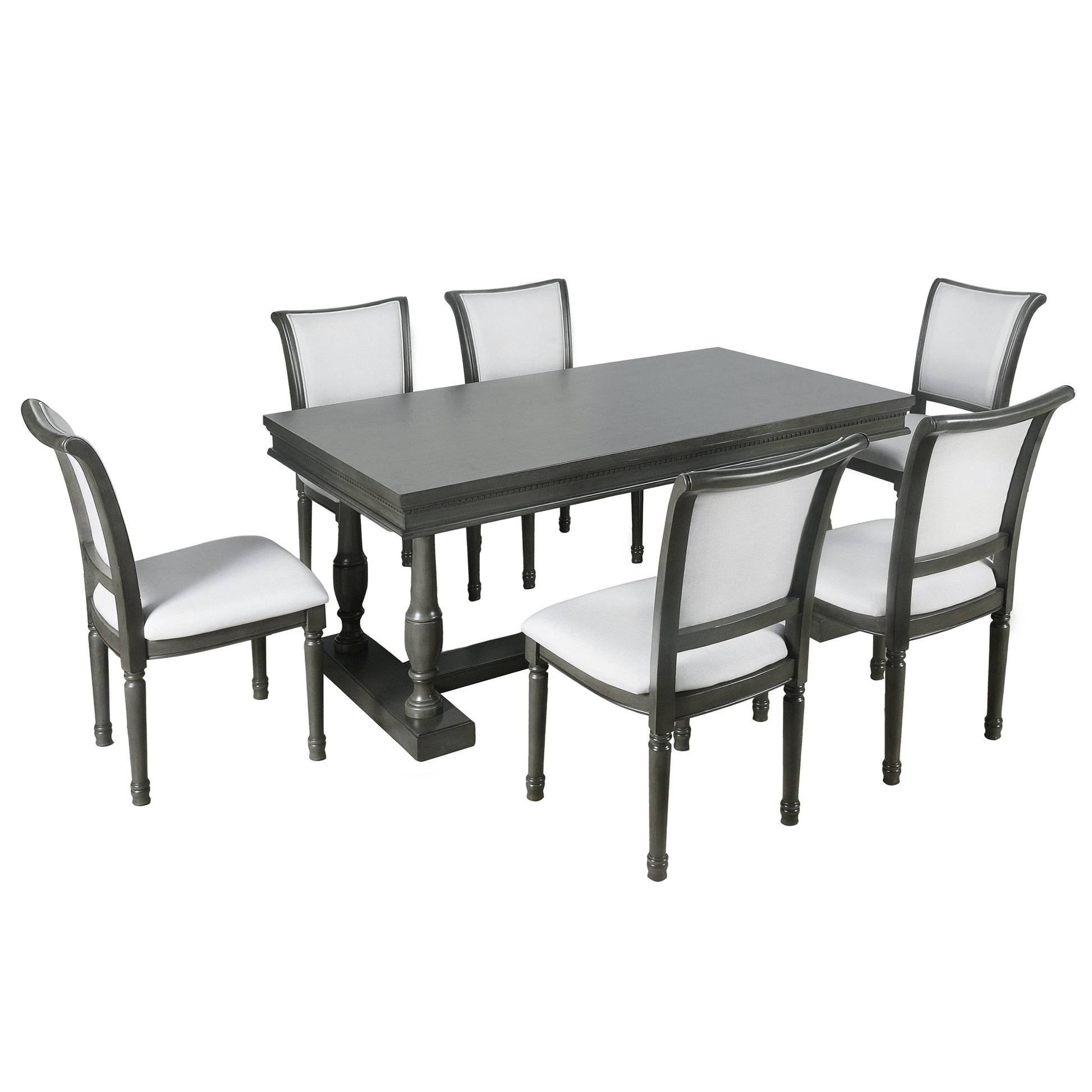 7 Piece Dining Table With 4 Trestle Base And 6 Upholstered Chairs With Slightly Curve And Ergonomic Seat Back Gray Upholstered Chair Wood Gray Seats 6 Wood Dining Room Distressed Finish American Design,Antique Trestle Rectangular Dining Table With Chair