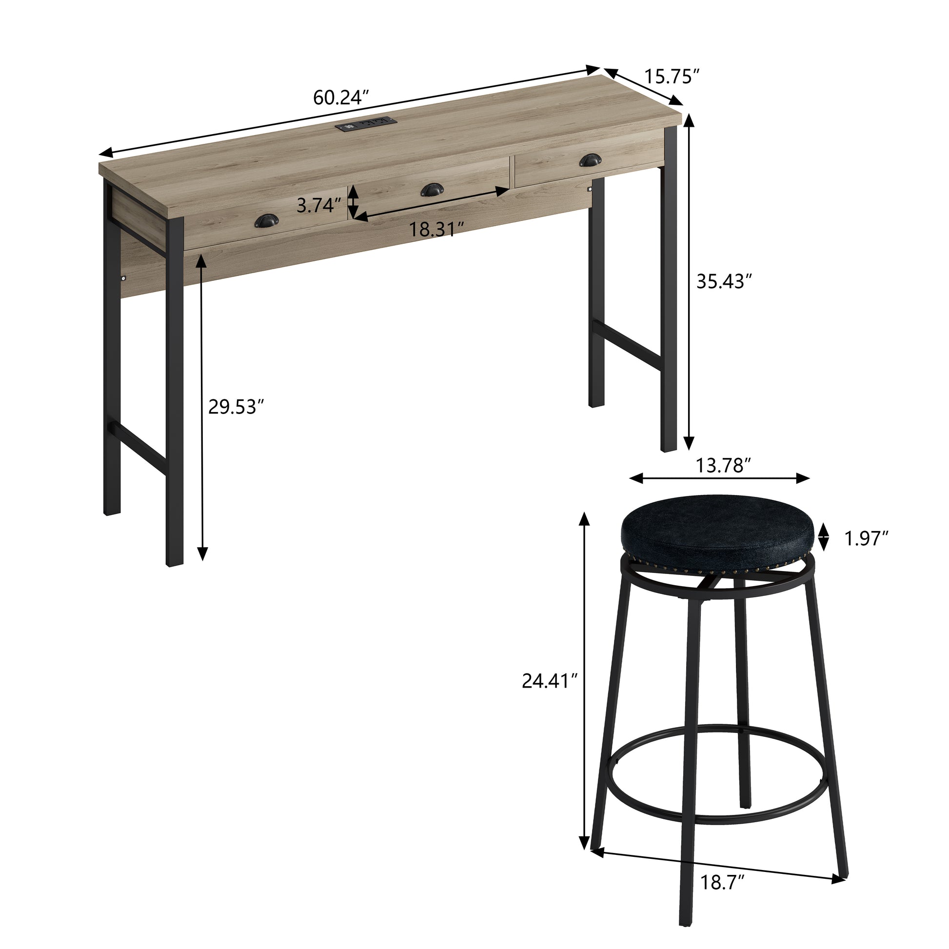 3 Drawer Long Dining Table Set With Power Outlets, Bar Kitchen Table Set With Circular Pu Stools, Easy Assemble, Brown Gray Table Black Stool Upholstered Chair Wood Black Metal Dining Table With Chair Mdf Metal
