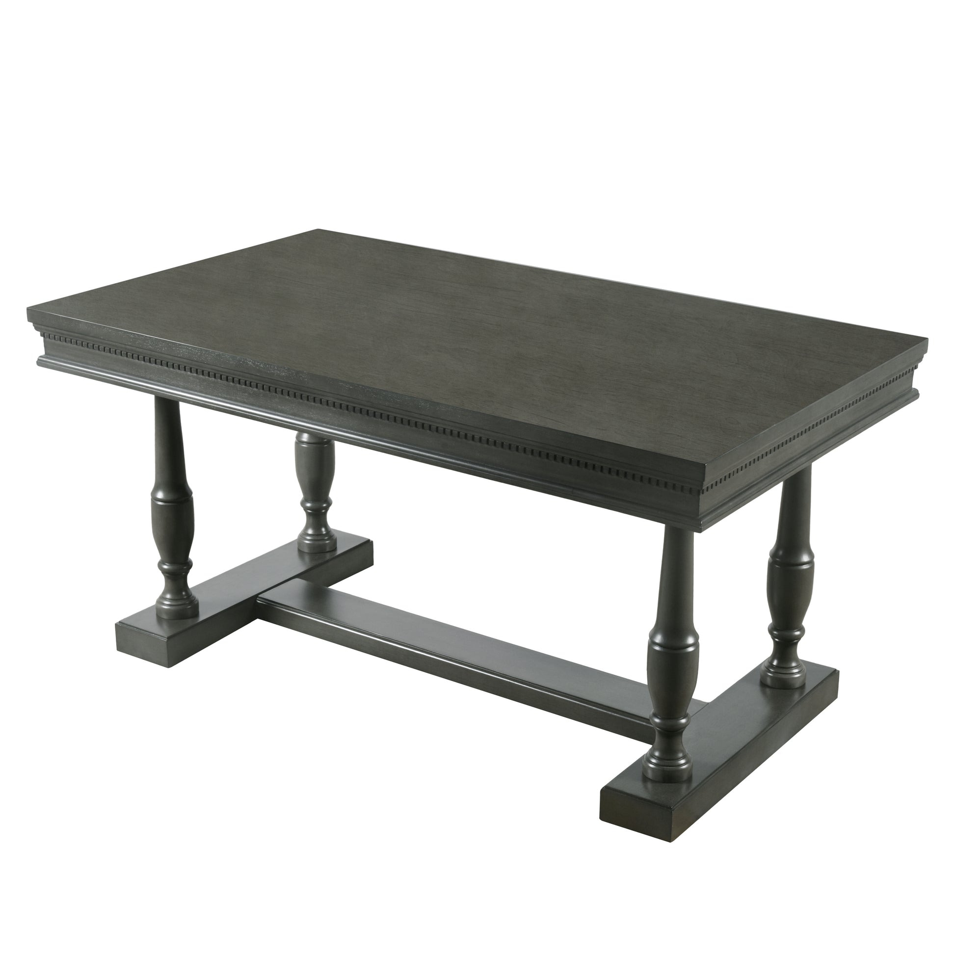 7 Piece Dining Table With 4 Trestle Base And 6 Upholstered Chairs With Slightly Curve And Ergonomic Seat Back Gray Upholstered Chair Wood Gray Seats 6 Wood Dining Room Distressed Finish American Design,Antique Trestle Rectangular Dining Table With Chair