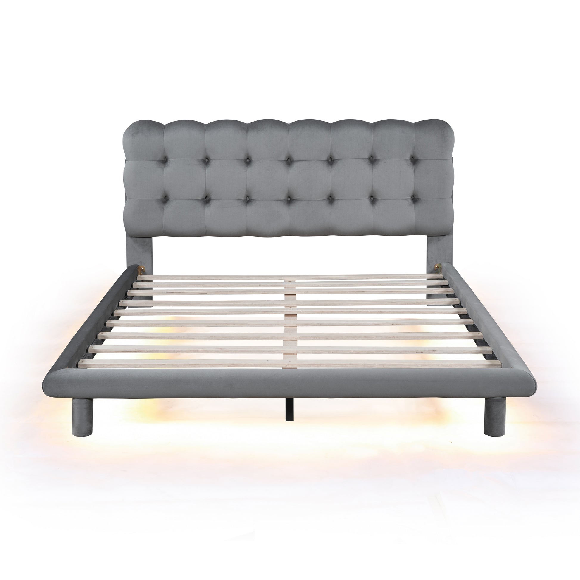 Queen Size Velvet Platform Bed With Led Frame, Thick & Soft Fabric And Button Tufted Design Headboard, Gray Gray Velvet