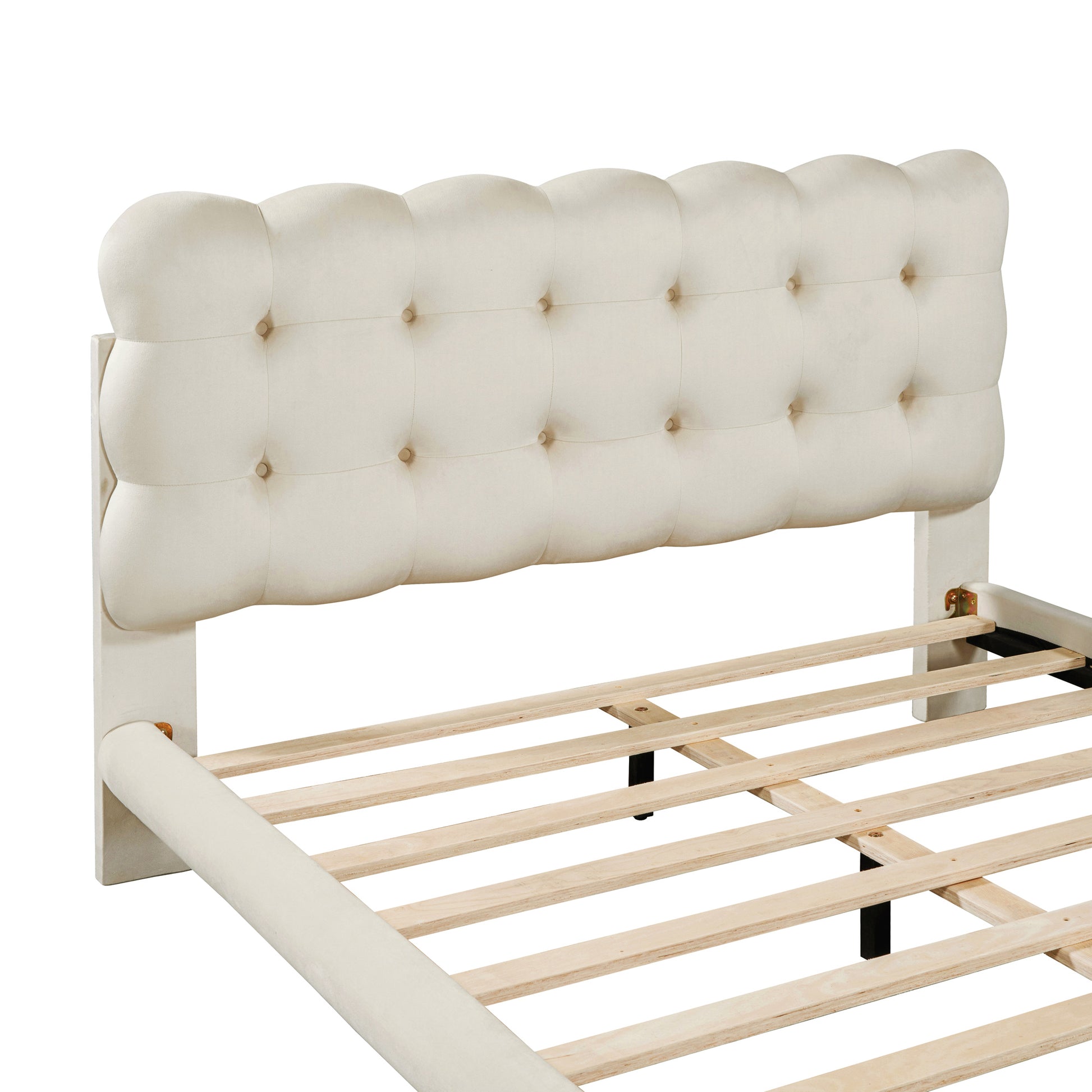Full Size Velvet Platform Bed With Led Frame, Thick & Soft Fabric And Button Tufted Design Headboard, Beige Beige Velvet