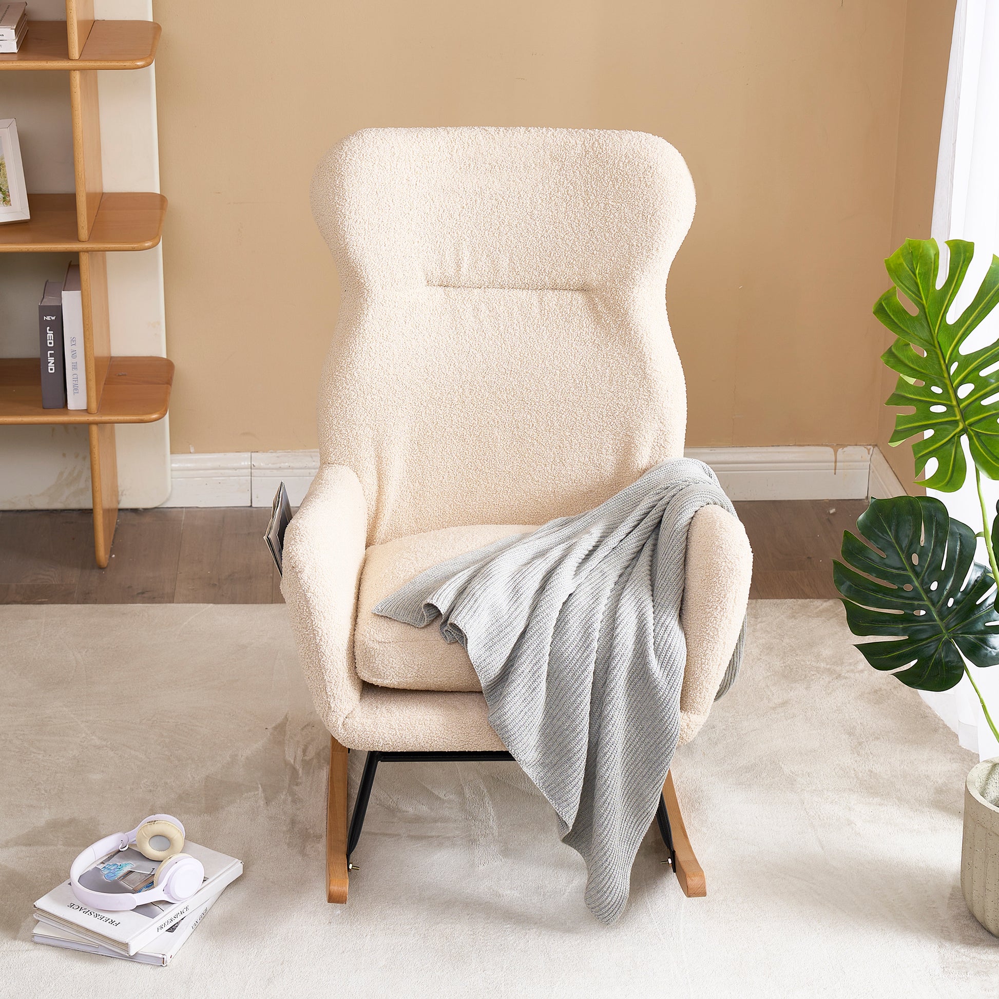 Modern Rocking Chair With High Backrest,Teddy Material Comfort Arm Rocker, Lounge Armchair For Living Room Beige Cotton Metal
