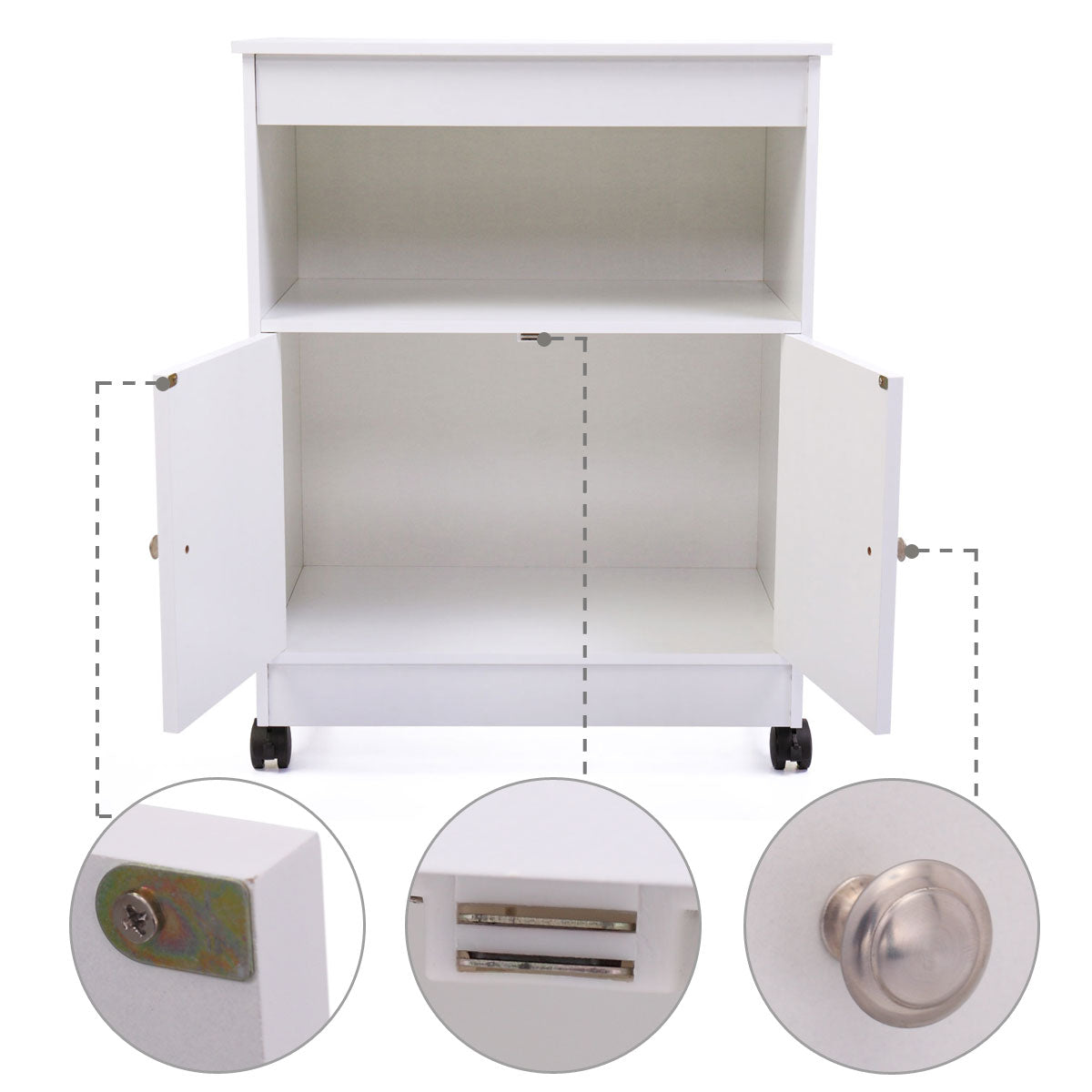 Wood Kitchen Microwave Cabinet Cart With 4 Universal Wheels And Roomy Inner Space For Home Use, White White Mdf