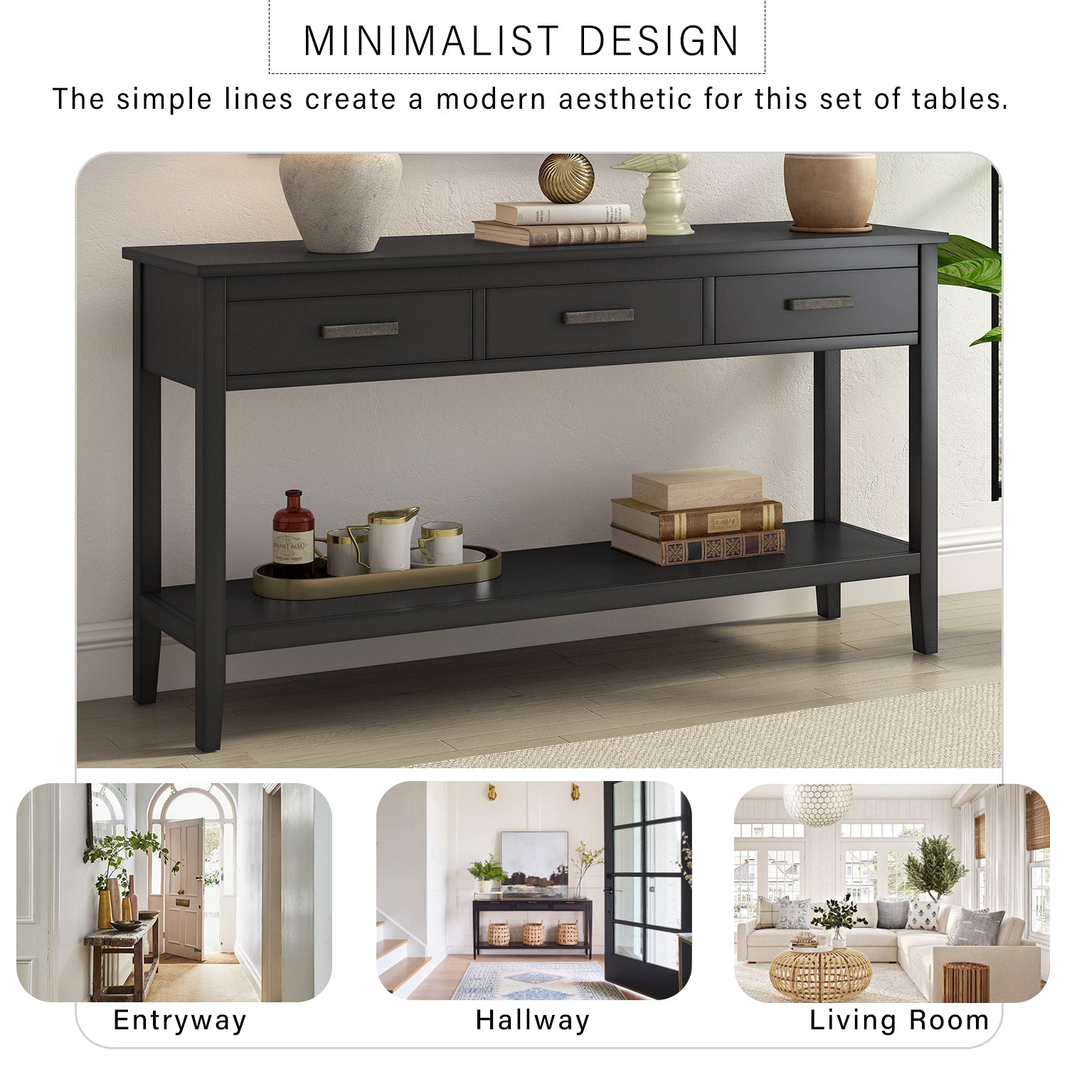 Contemporary 3 Drawer Console Table With 1 Shelf, Entrance Table For Entryway, Hallway, Living Room, Foyer, Corridor Black Solid Wood Mdf