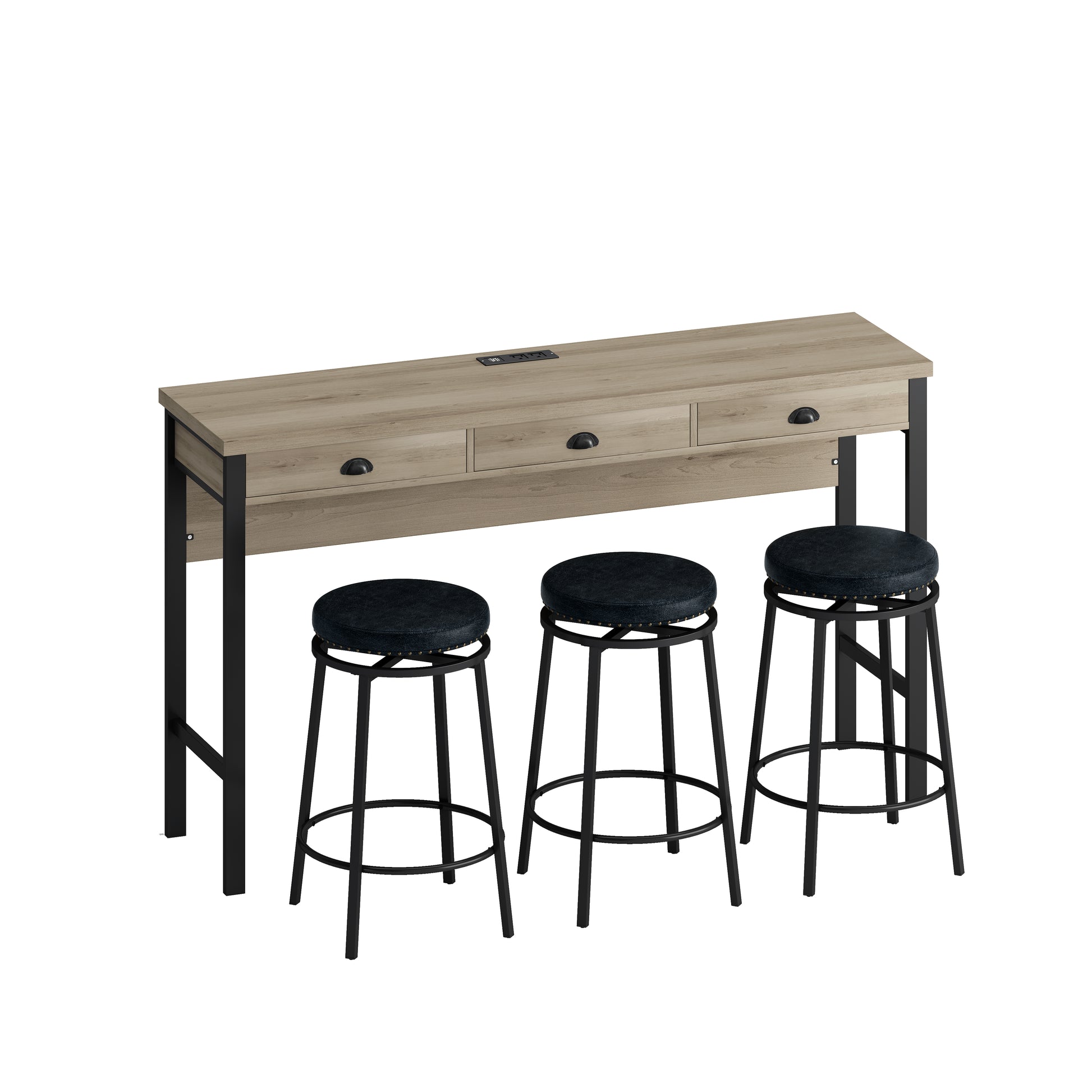 3 Drawer Long Dining Table Set With Power Outlets, Bar Kitchen Table Set With Circular Pu Stools, Easy Assemble, Brown Gray Table Black Stool Upholstered Chair Wood Black Metal Dining Table With Chair Mdf Metal
